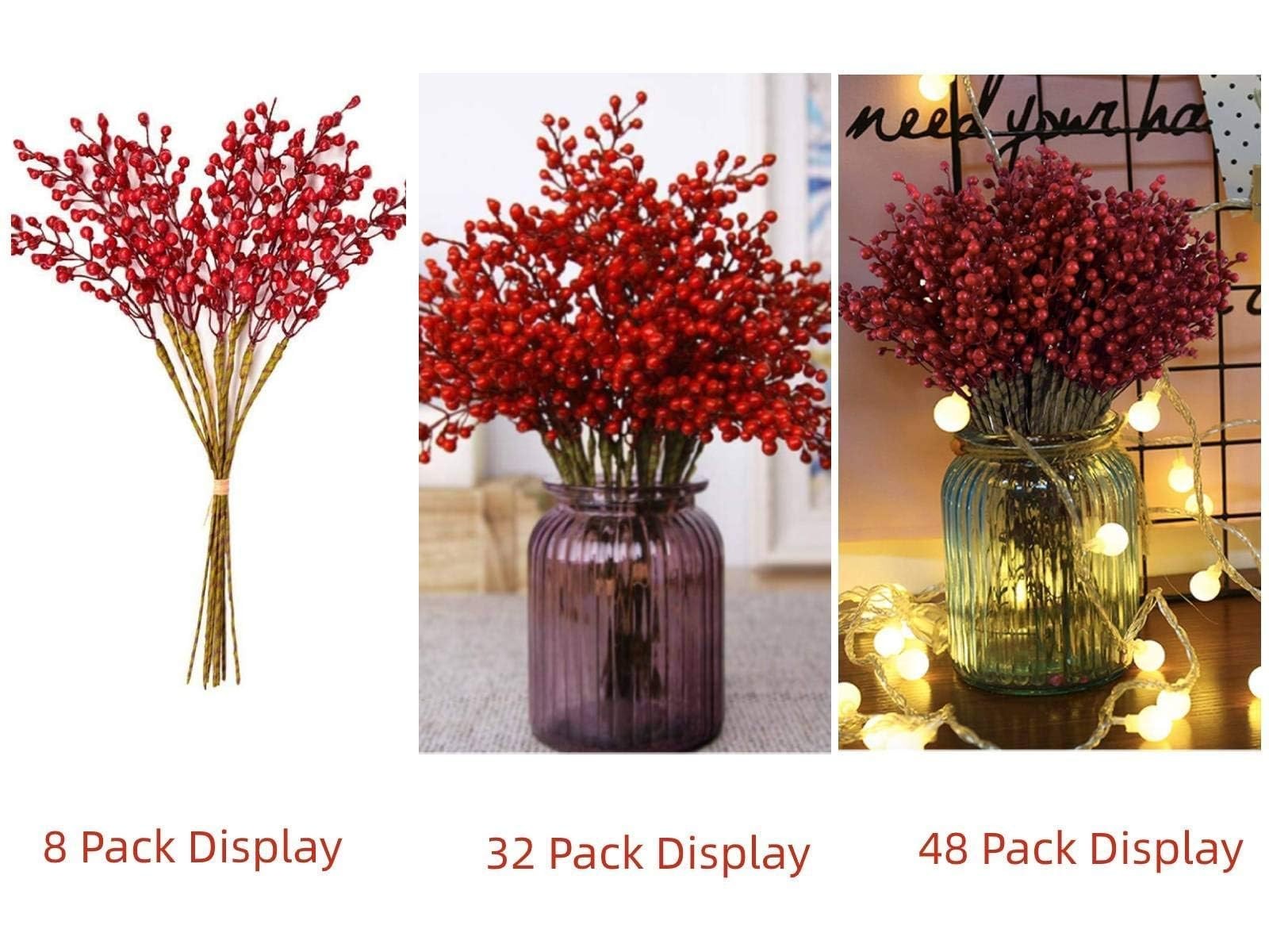 Artificial Red Berry 8 Pack Holly Red Christmas Berries Stems for Xmas Tree Deco