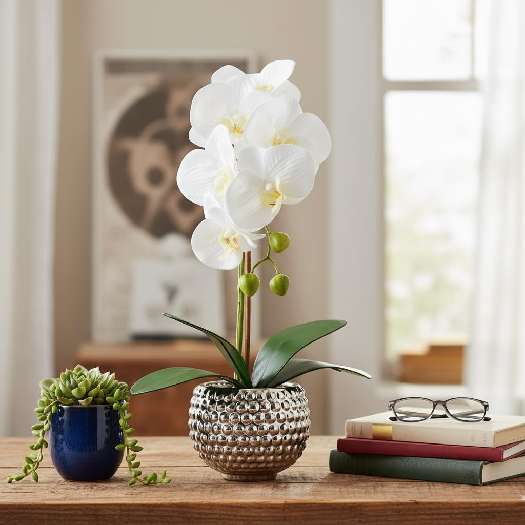 Large Artificial Orchid Flowers In Silver Pot Faux Plants Indoor Table Decor