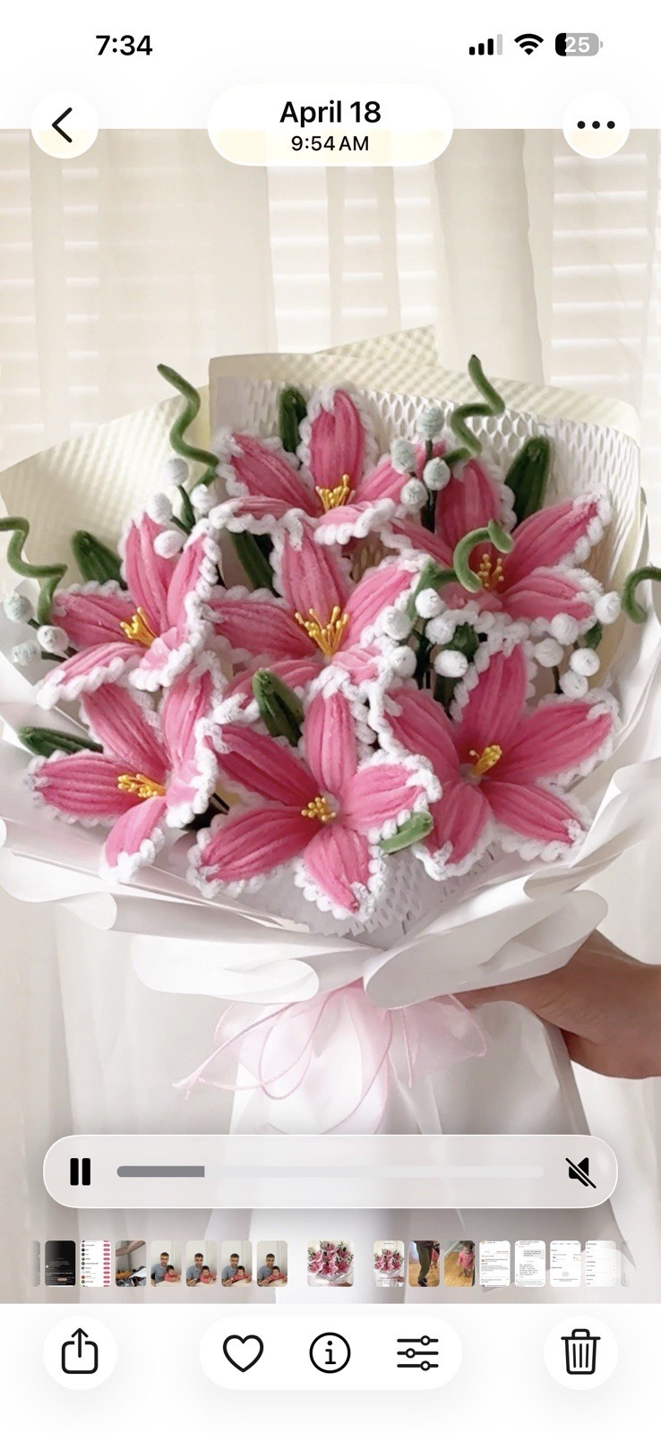 Handmade Pink Lily Flower Bouquet Pink White Green with White Wrap