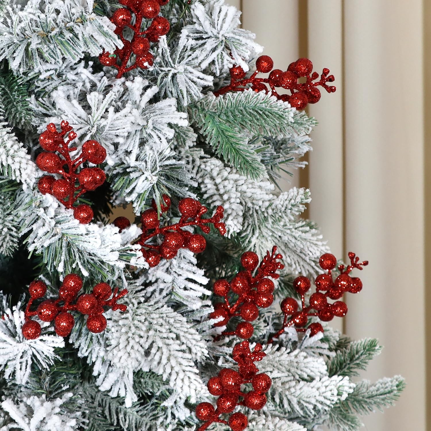 CCINEE 20pcs Glitter Christmas Red Berry Stems,7.8Inch Xmas Artificial Glitter B