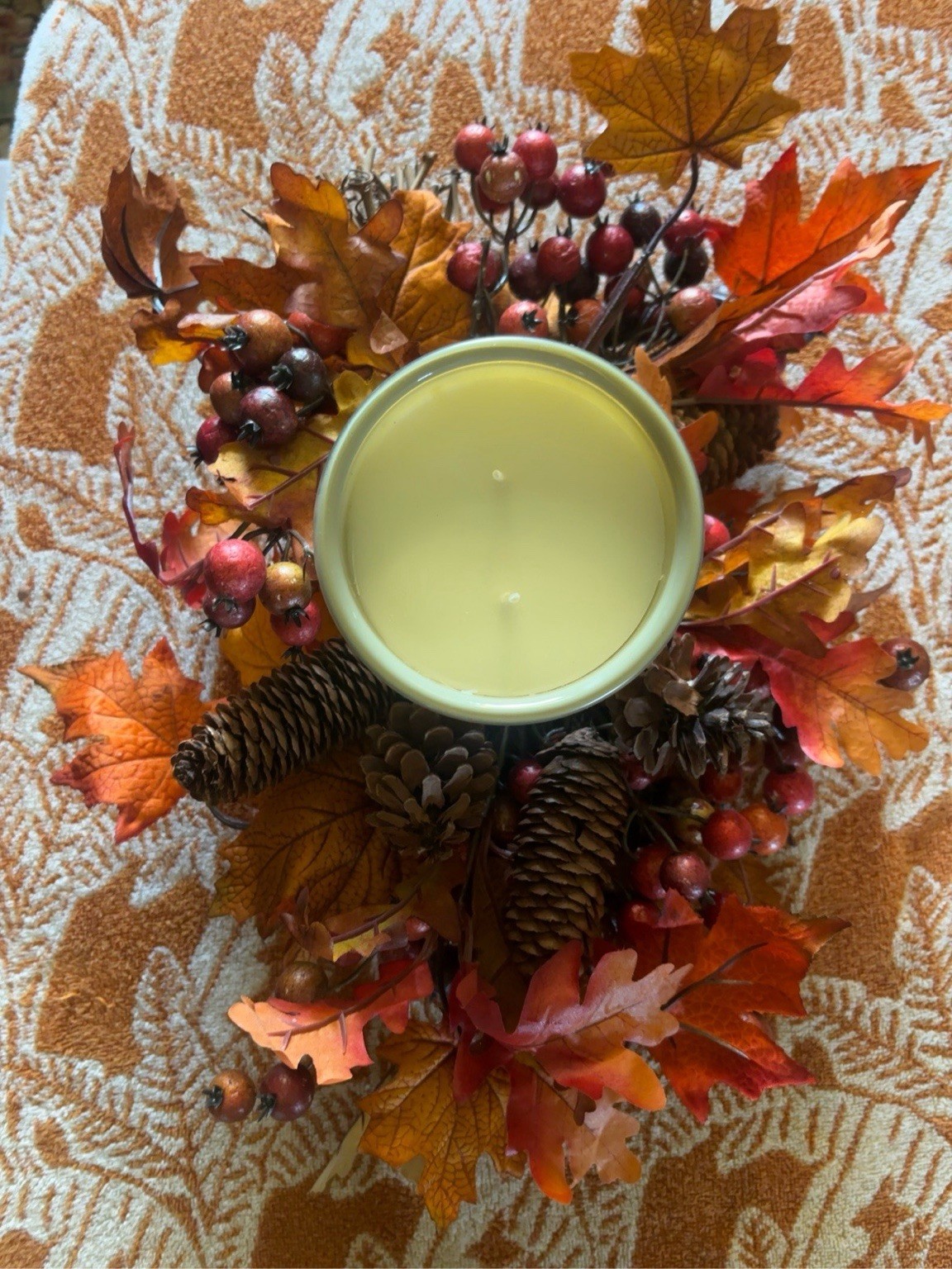 Large Fall Candle Ring Pinecone Berry Maple Leaf Centerpiece 11×14 Rustic