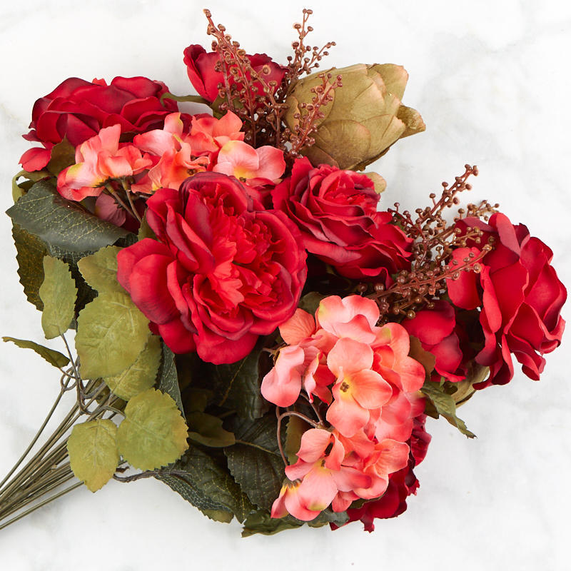 23″ Red Artificial Cabbage Rose and Hydrangea Floral Bush