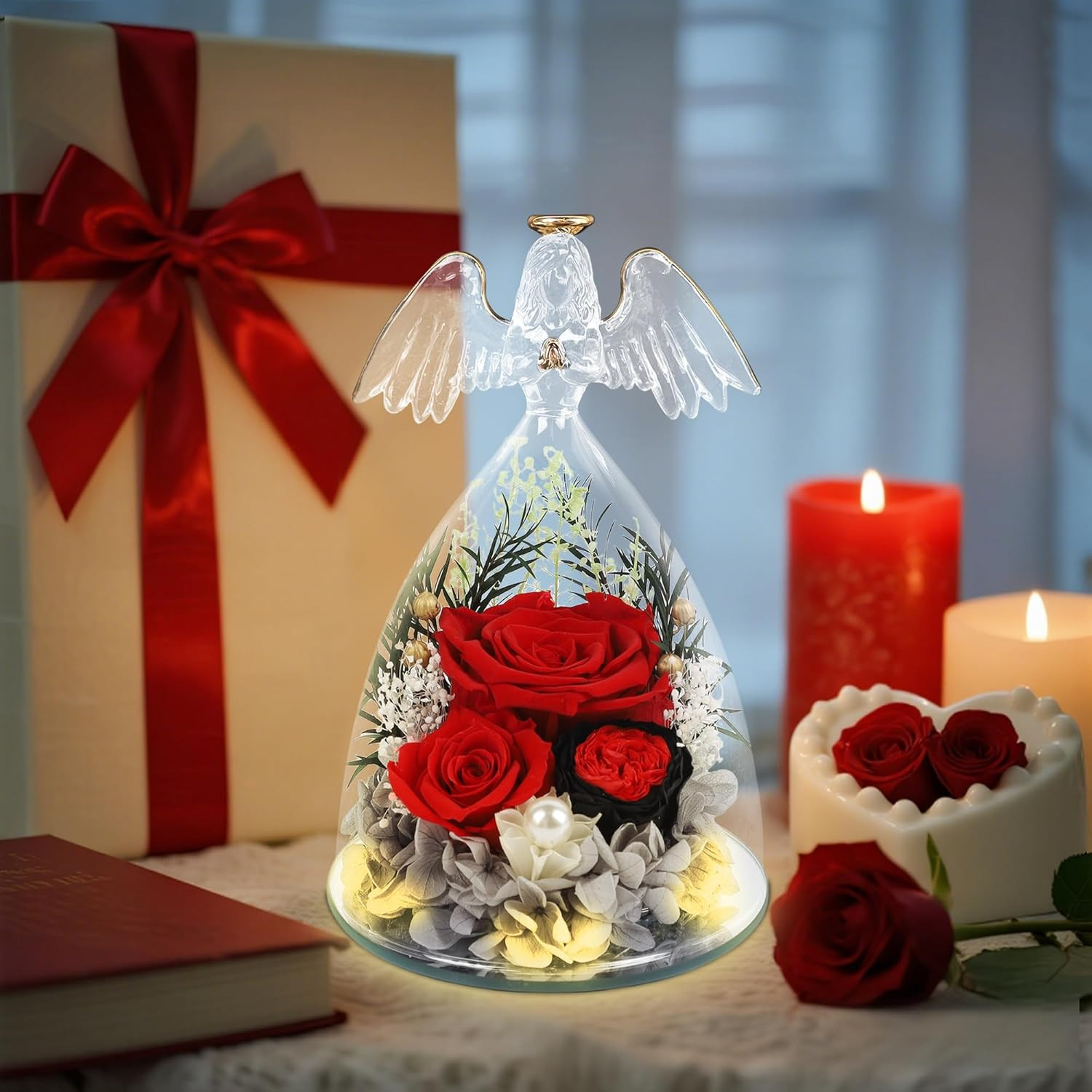 Gifts for Women Mom-Preserved Roses in Glass Angel Figurine, Forever Fresh Flowe