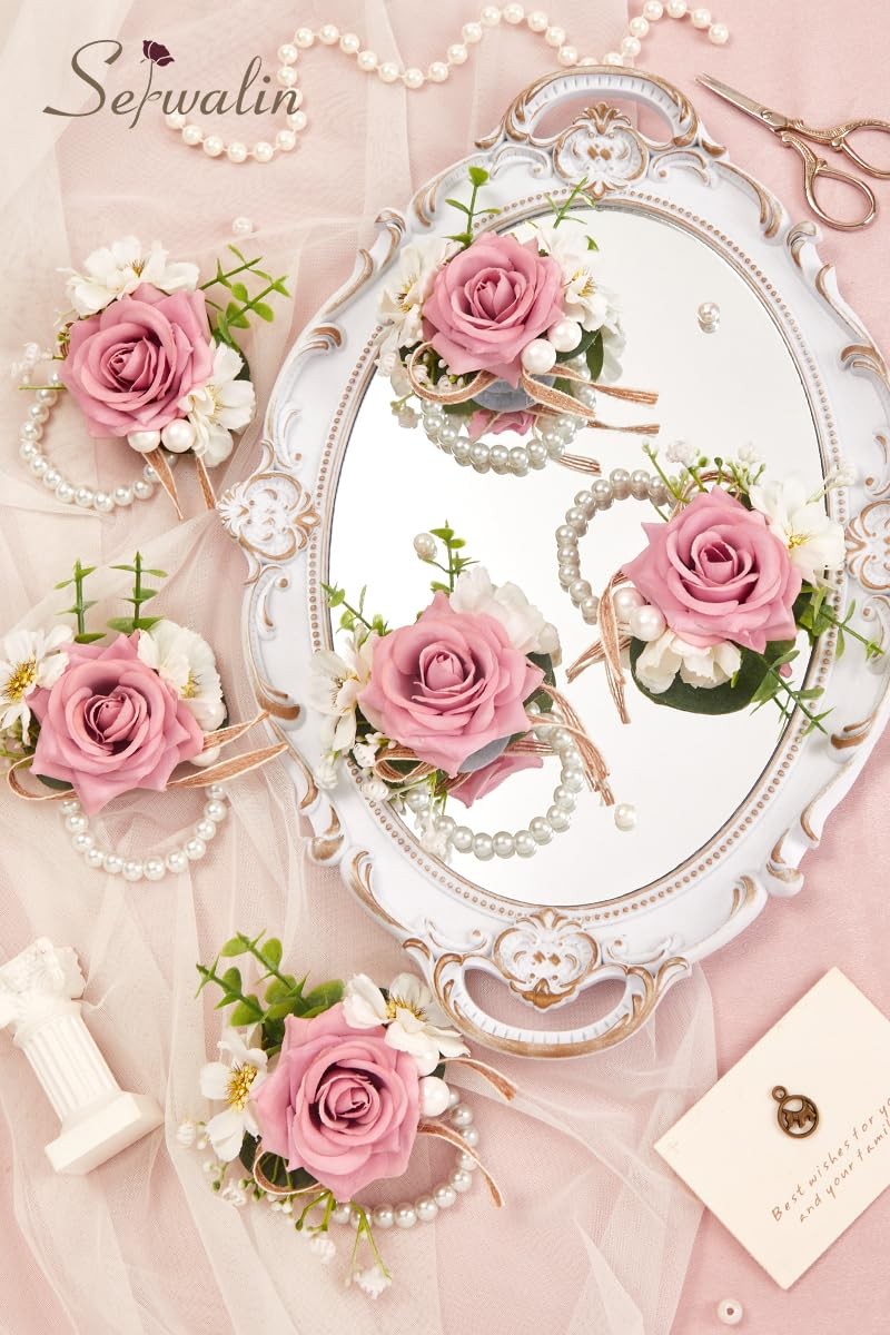 6 PCS Pink Rose Wrist Corsages Wedding Prom Homecoming Party Hand Decor Bride
