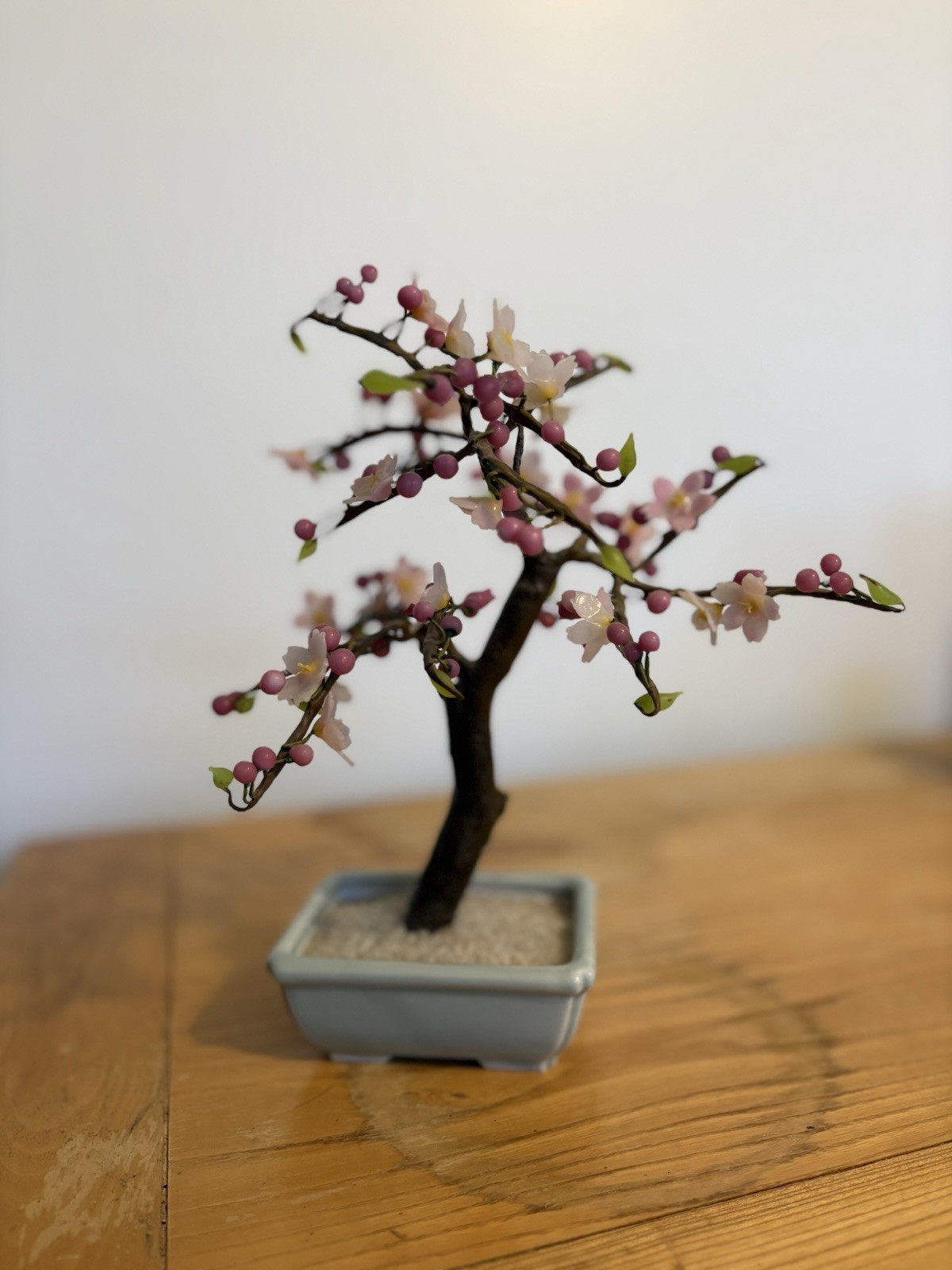 Vintage Cherry Blossom Bonsai Tree w/ Pink Blossoms & Berries Gray Planter