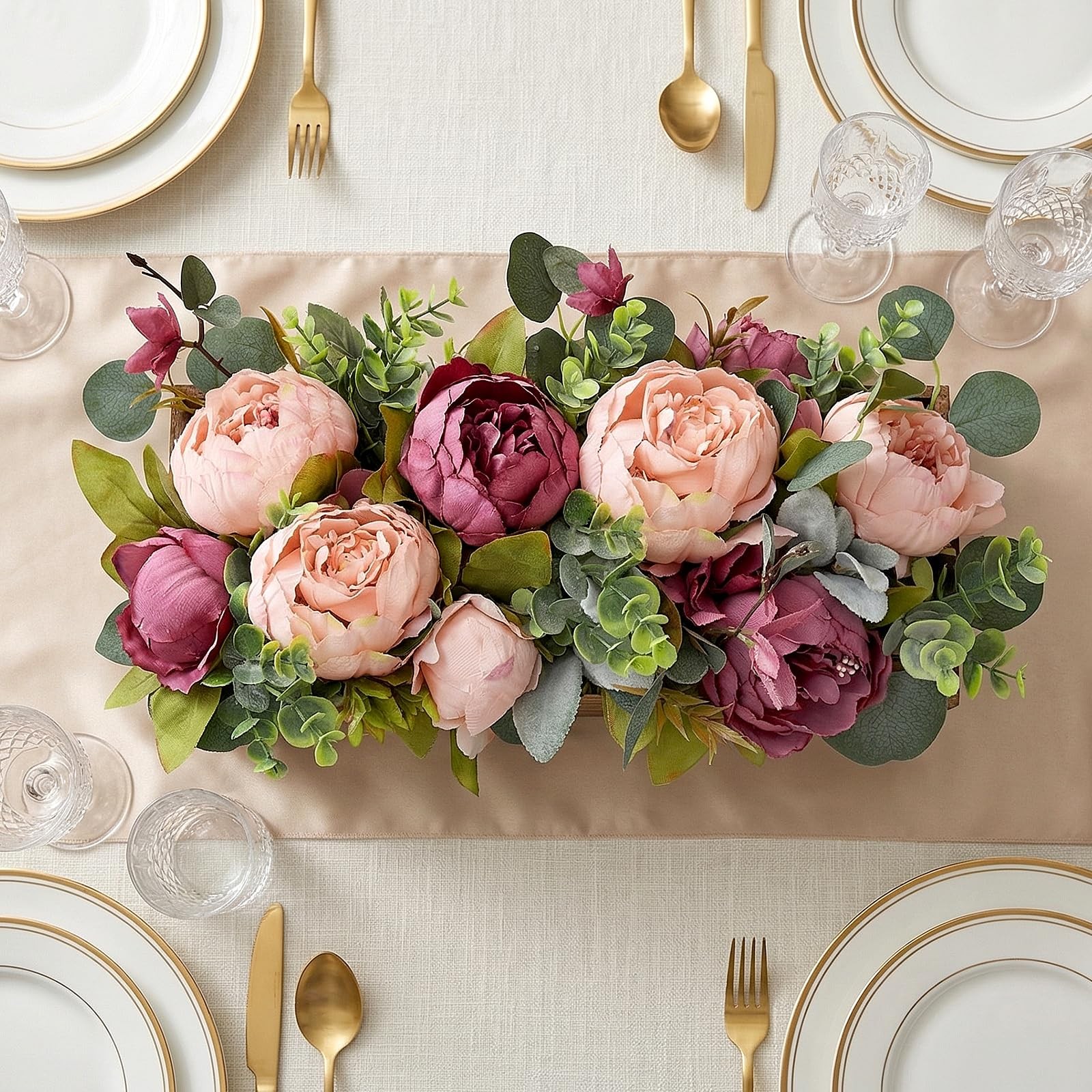 Dusty Mauve Pink Artificial Peony Fake Flower Wood Tray Table Centerpieces