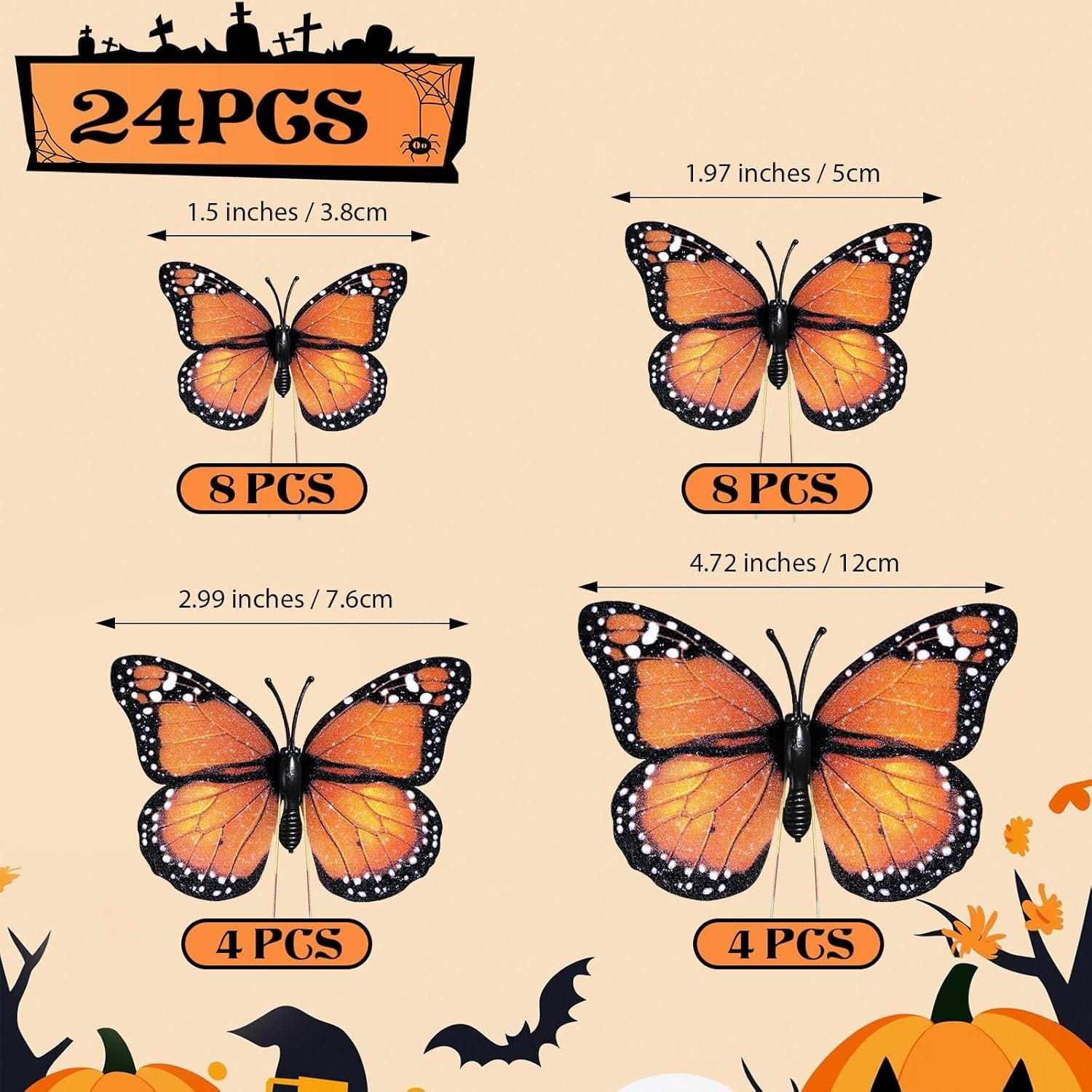 24 Pcs Monarch Butterfly Decorations 4 Size Artificial Monarch Feather Fake B…