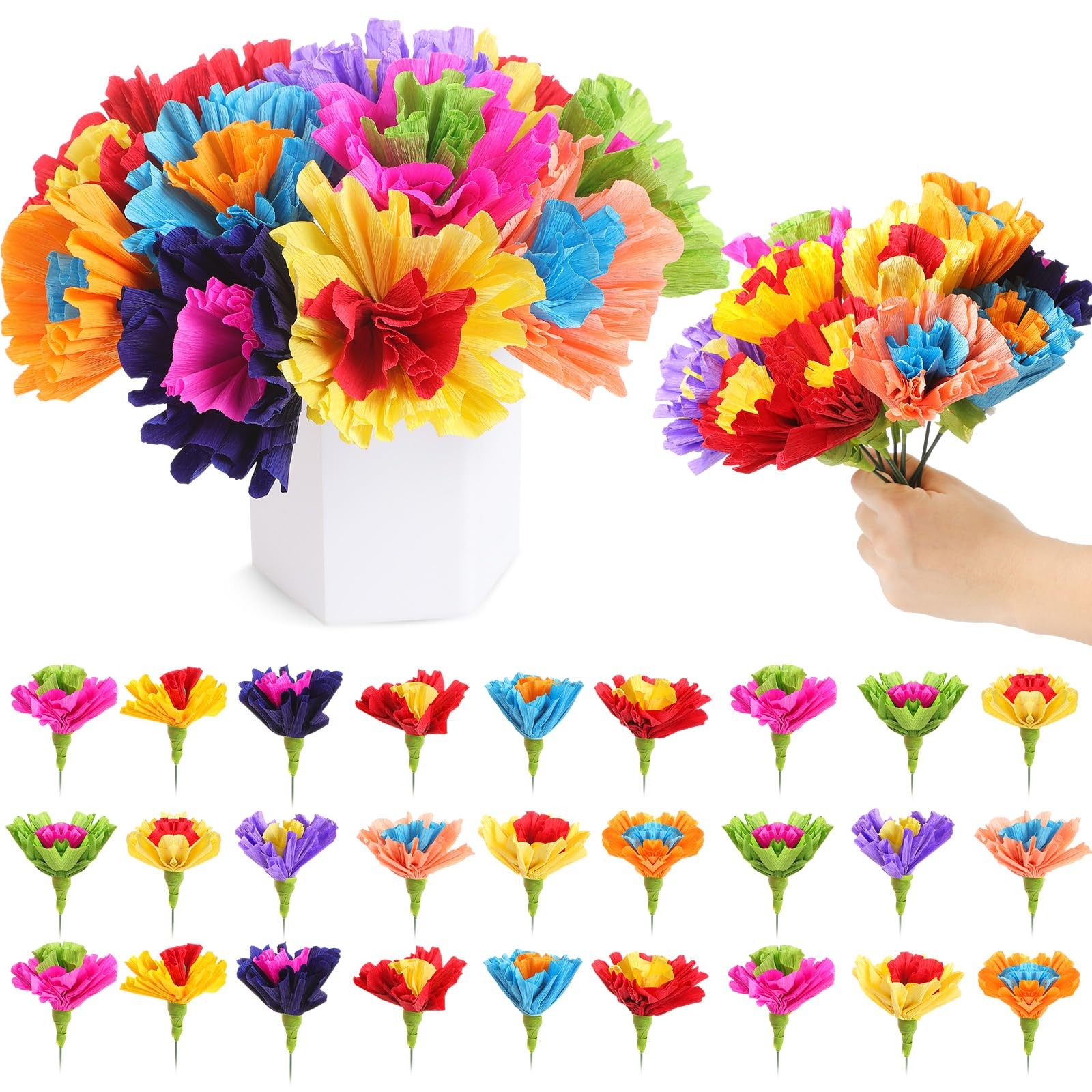 24 Pcs Mexican Paper Flowers Artificial Rainbow Crepe Paper Flowers Bunch wit…