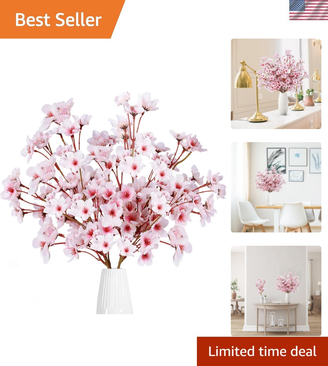 4 Pcs Faux Silk Cherry Blossom Flowers – Lifelike and Durable Arrangement Option