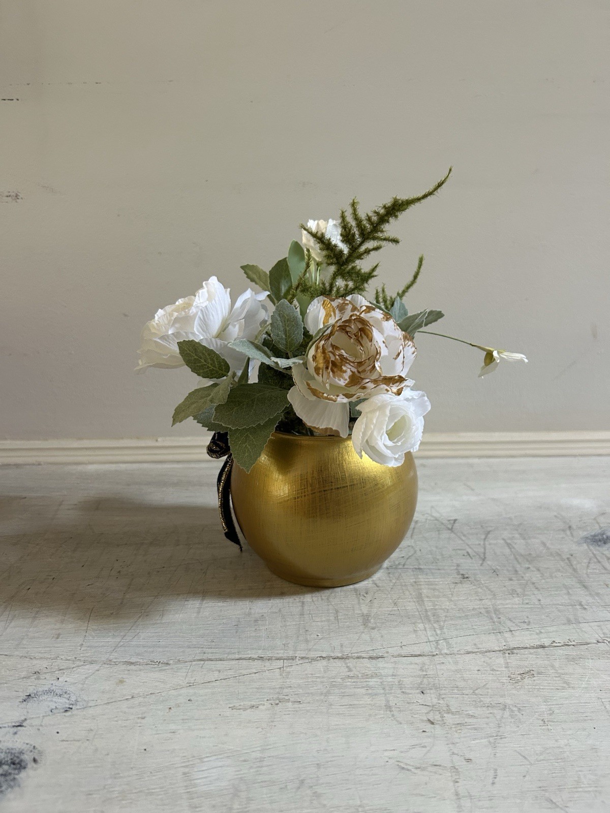 Sage Green White And Gold Floral Arrangement With Navy And Gold Bow