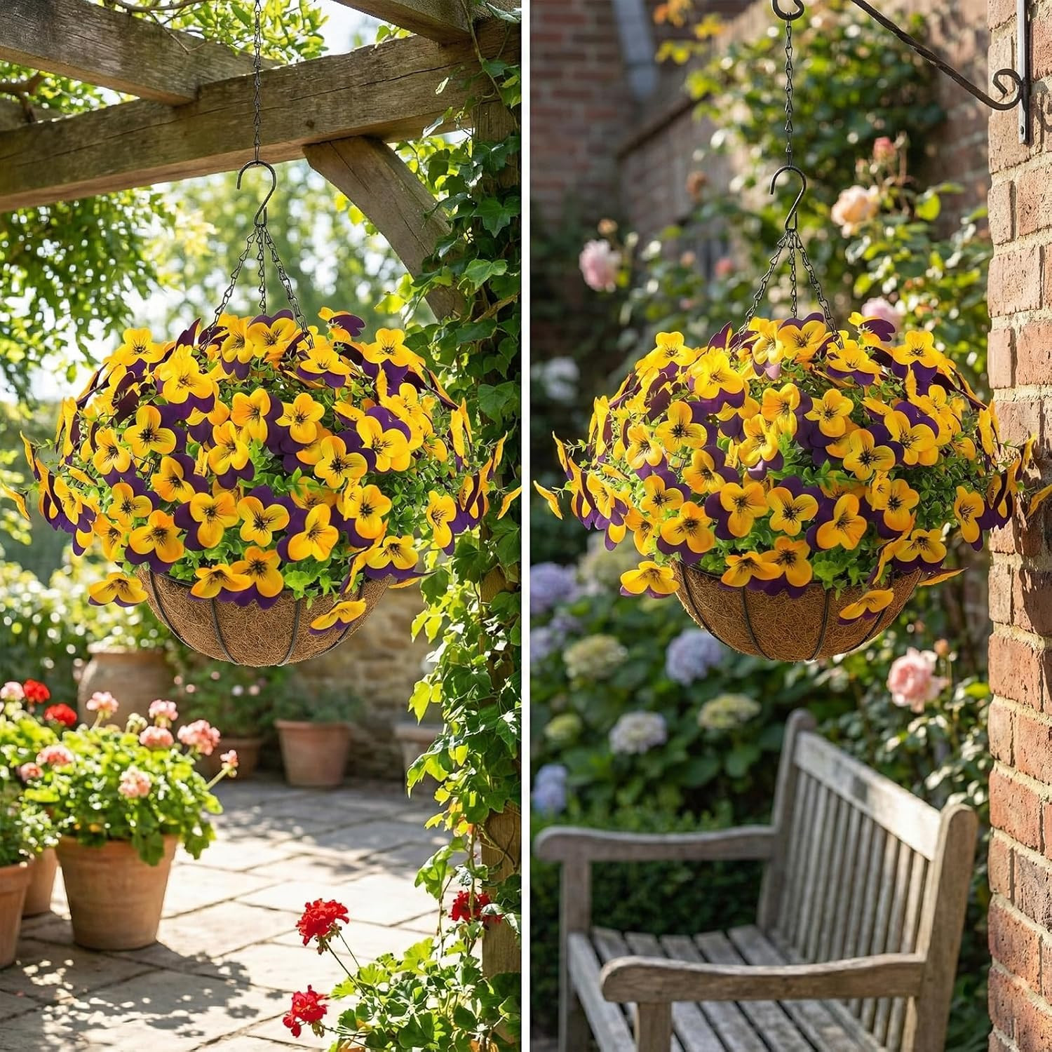 2 Set Artificial Pansy Flowers with Hanging Baskets for Spring Decor