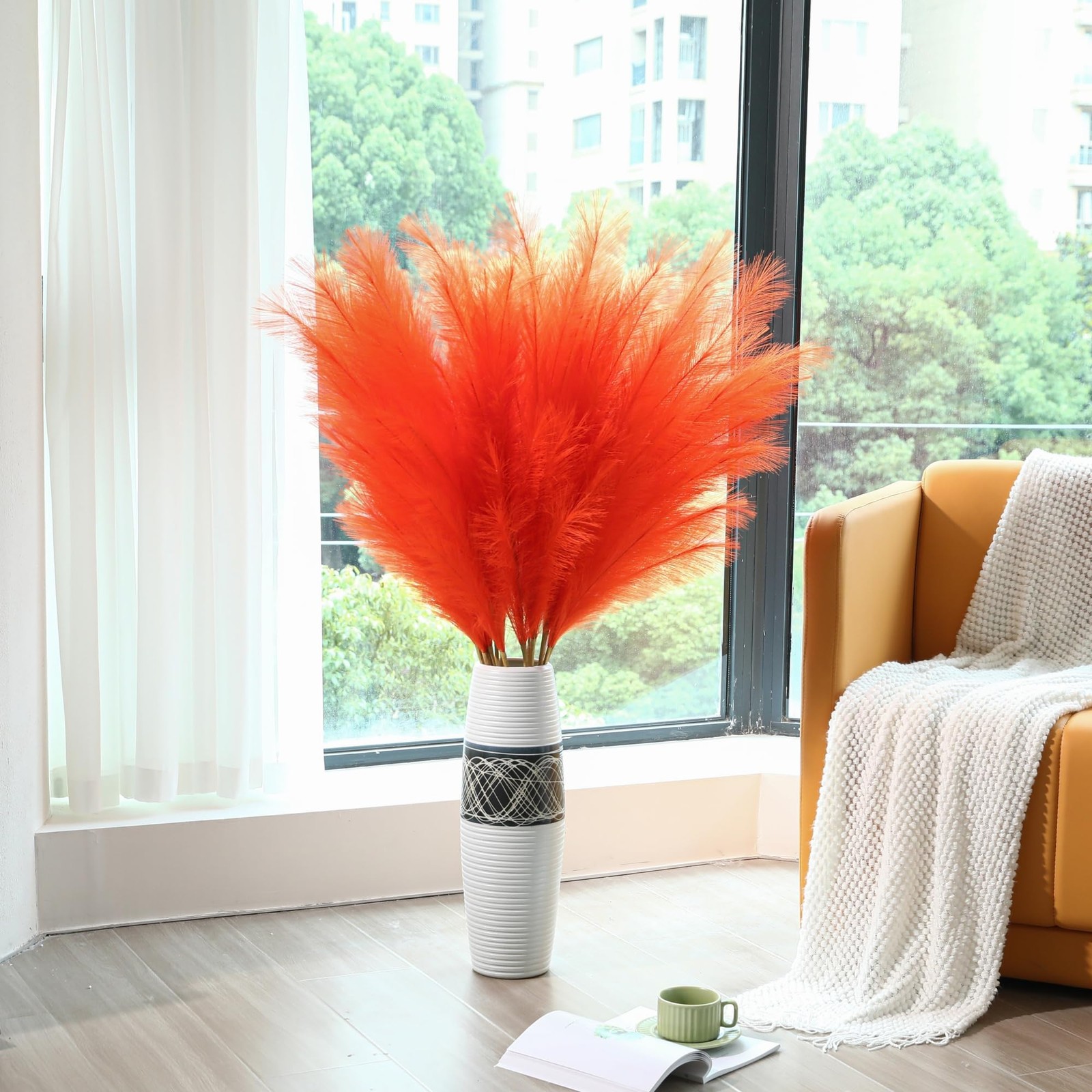 Orange Pampas Grass Decor 45 Inch Set of 8 Tall Faux Artificial Floral Decor