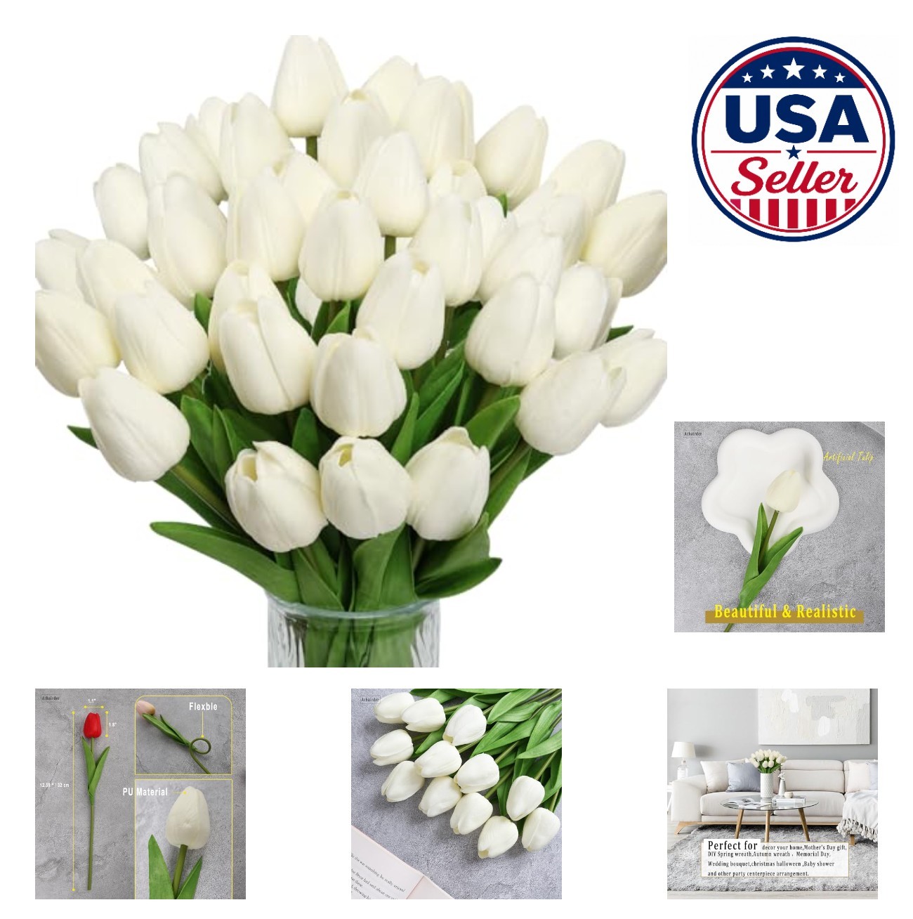 30 White Tulips Artificial Real Touch Latex Flowers Bouquet 12.6 Inch for Home