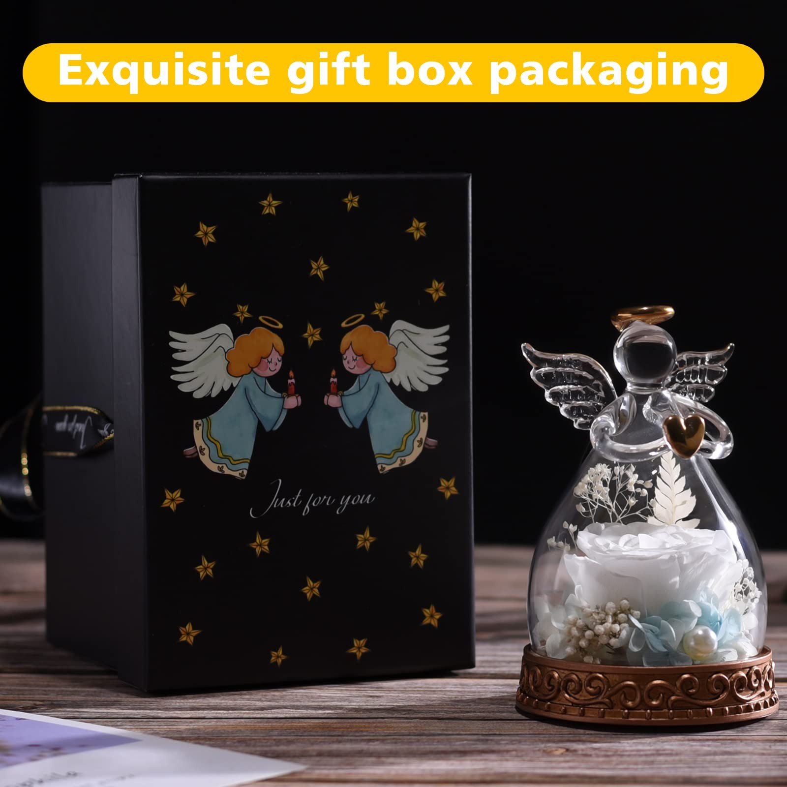 Preserved Real Rose in Glass Angel Figurine with LED Light, Angel Gifts for Wome