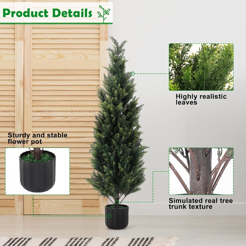2PCS 2.3/3/4FT Artificial Cedar Topiary Trees, Fake UV Resistant Potted Plants
