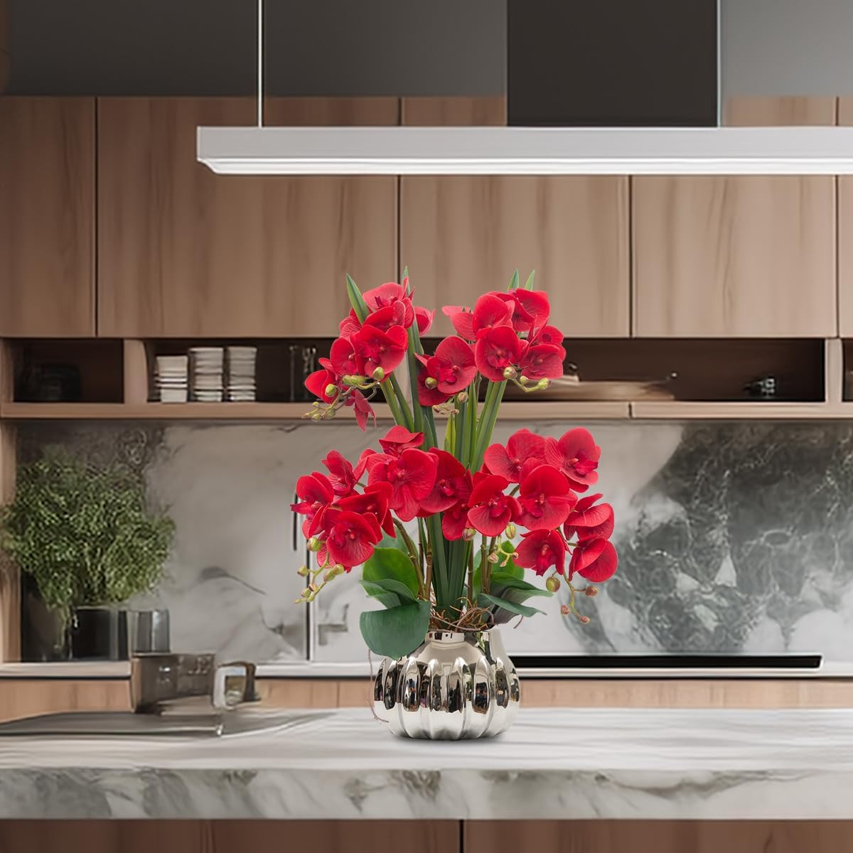 Real Touch Red Orchid Flowers in Ceramic Vase – 22.9” Home Decor