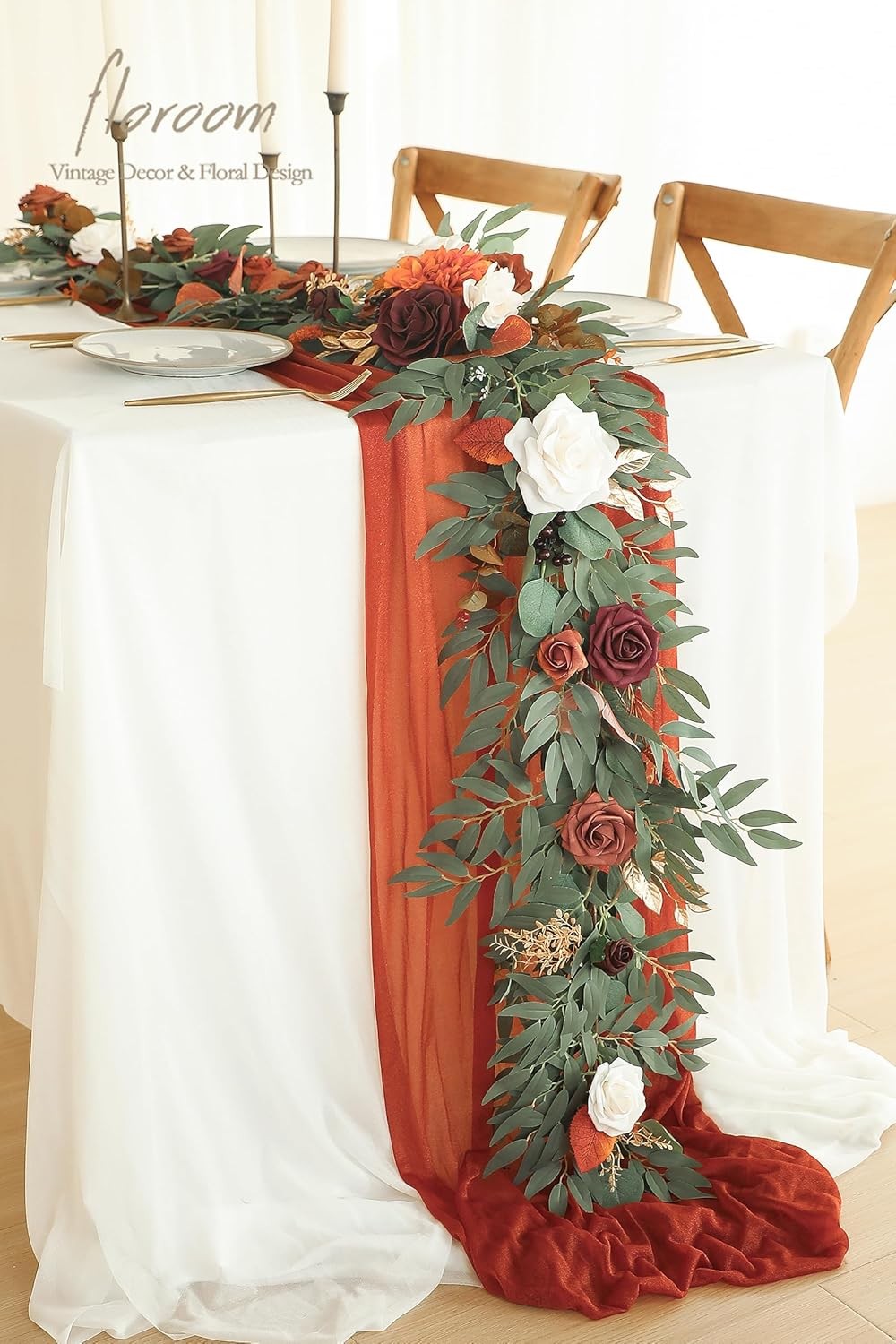 6ft Artificial Eucalyptus Garland with Flowers Fake Greenery Burnt Orange Faux