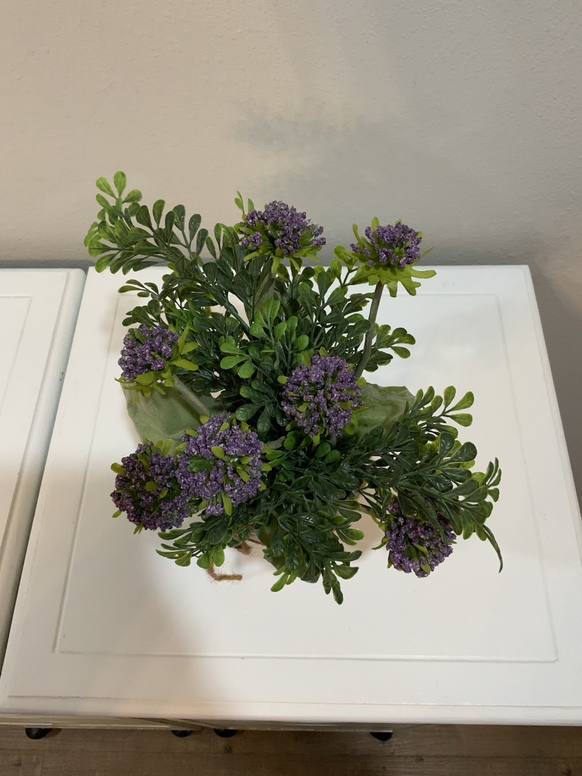 Distressed White Wash Terracotta Pot Paris Purple Flower Arrangement Bow