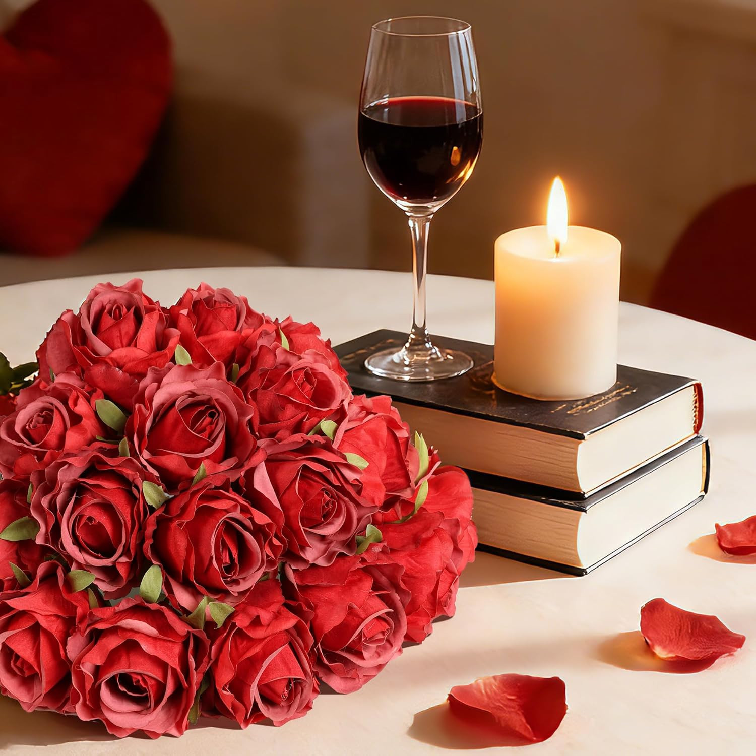 18-Piece Realistic Red Silk Roses Bouquet for Home, Weddings, and Gifts