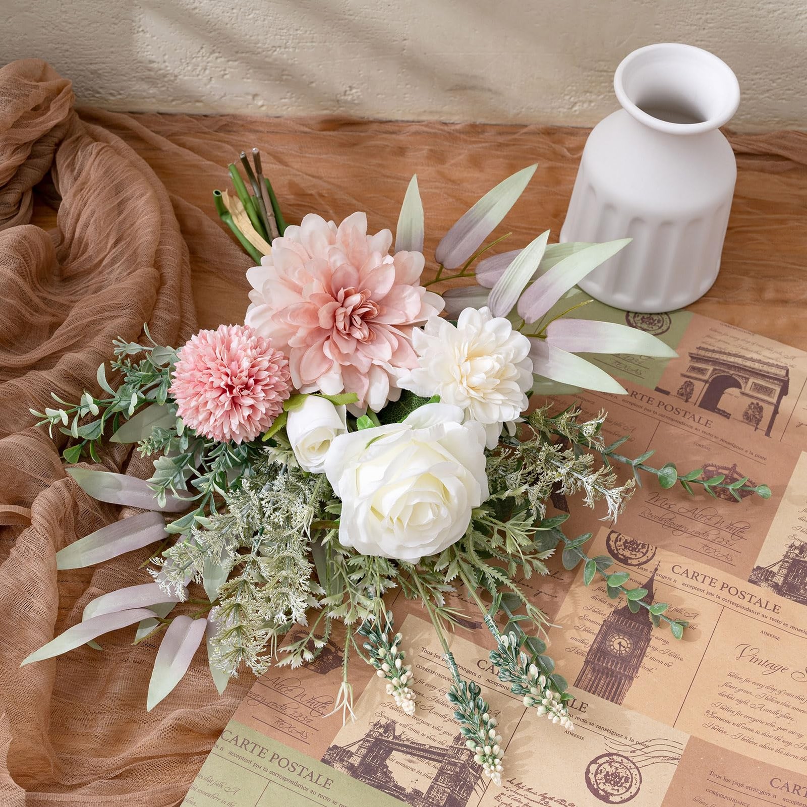 Fake Flowers in Vase, Artificial Flowers with Vase, 15.7” Floral Arrangement…