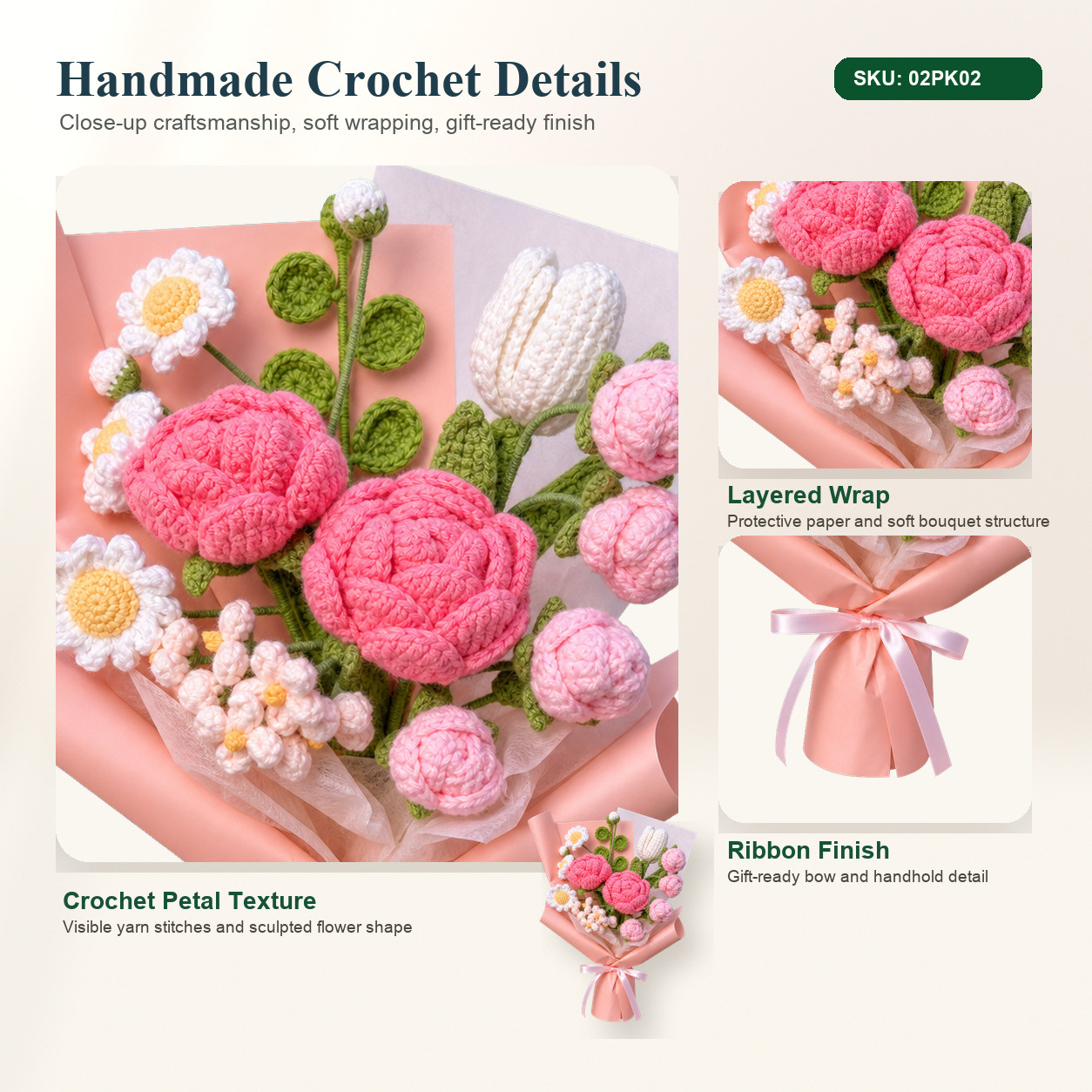 Pink Rose Tulip Crochet Bouquet Bridal Shower Anniversary Gift