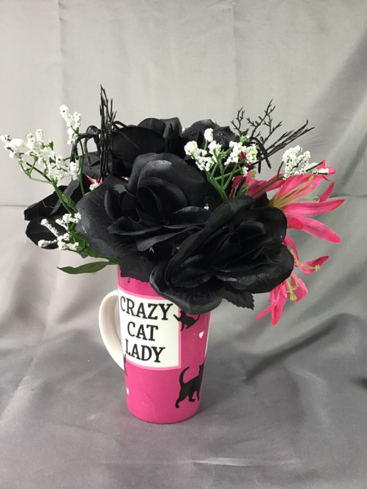 Crazy Cat Lady Pink Tall Coffee Mug Black Roses Eyeballs Flower Arrangement