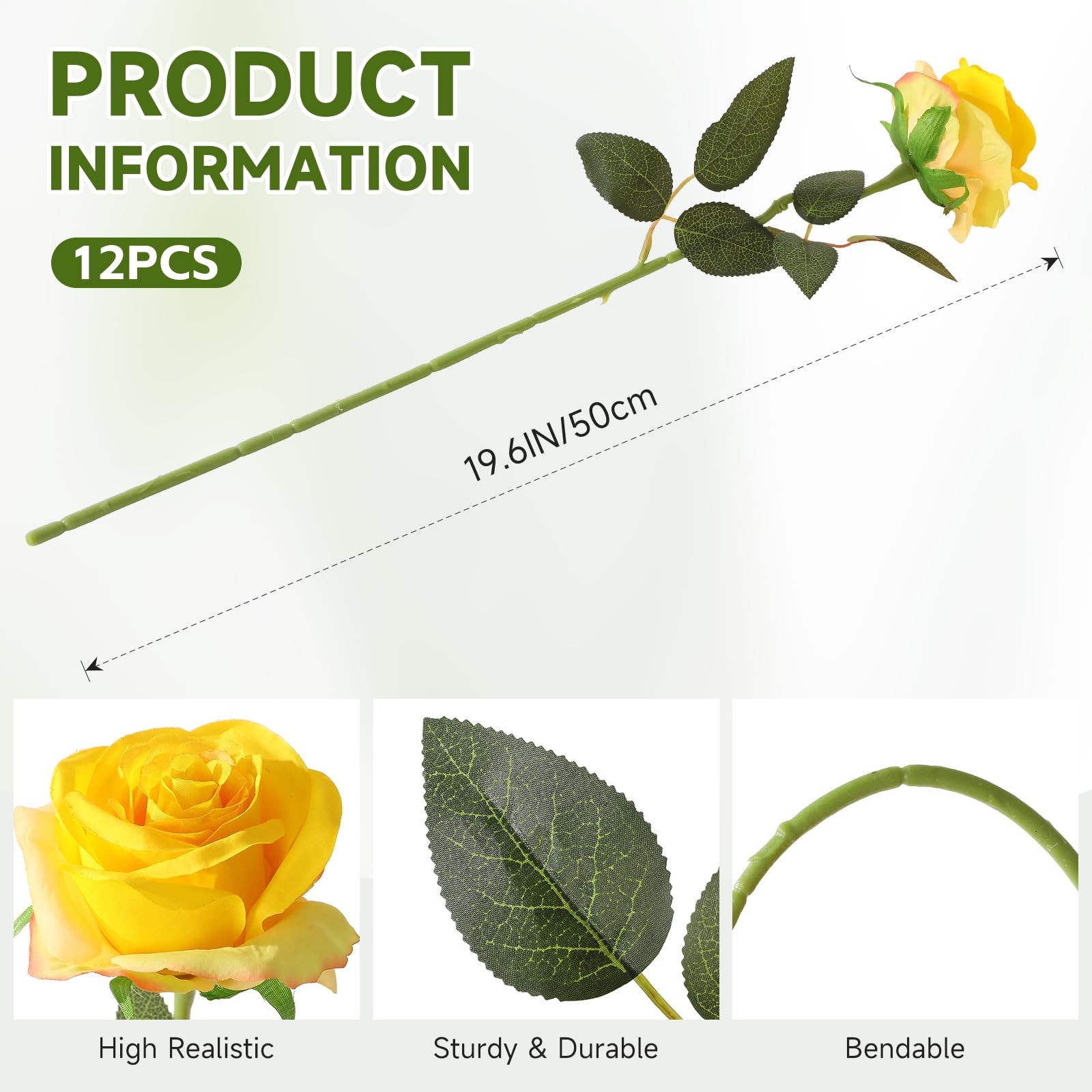 Yellow Roses Artificial Flowers -12 pcs Realistic Single Long Stem Fake Silk …