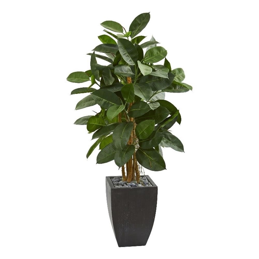 Nearly Natural 56″ Artificial Rubber Tree in Black Planter in Green
