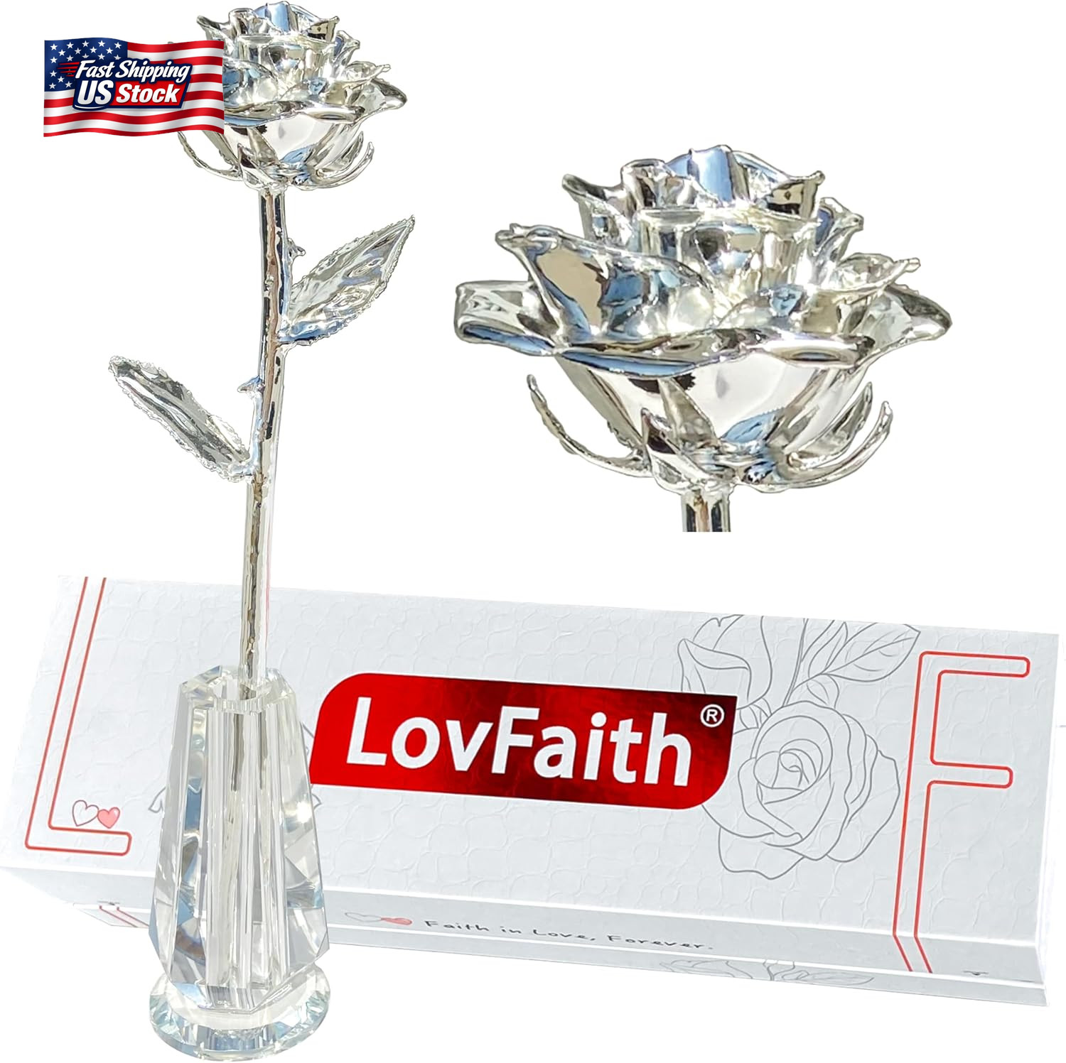 Valentine Gift Real Rose Dipped Thick Sterling Silver with Crystal Stand, Best 2