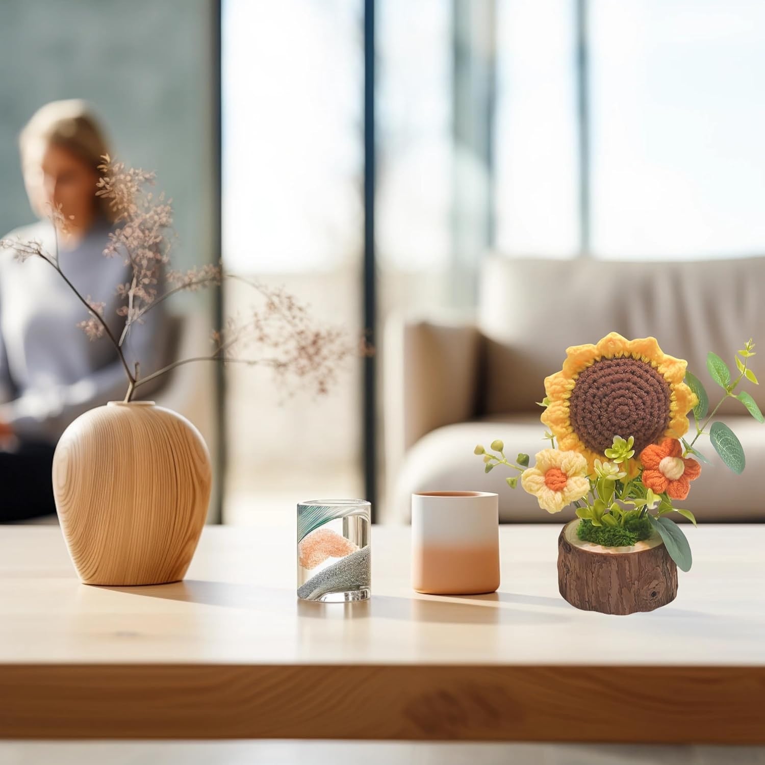 Handmade Crochet Sunflower Bouquet Knitted Mini Potted Plant Desk Decor Gift Set