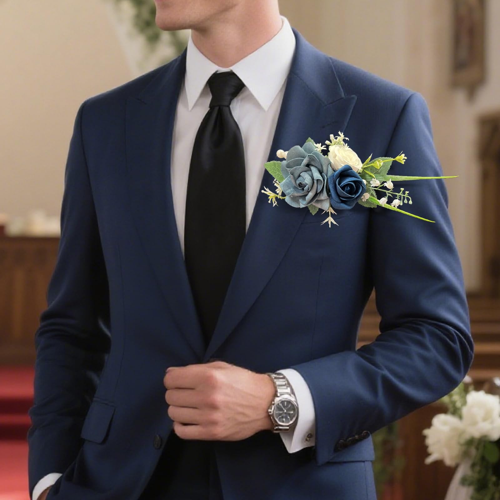 Pocket Boutonniere Men Dusty Blue Rose Flowers Groom Wedding Prom Party