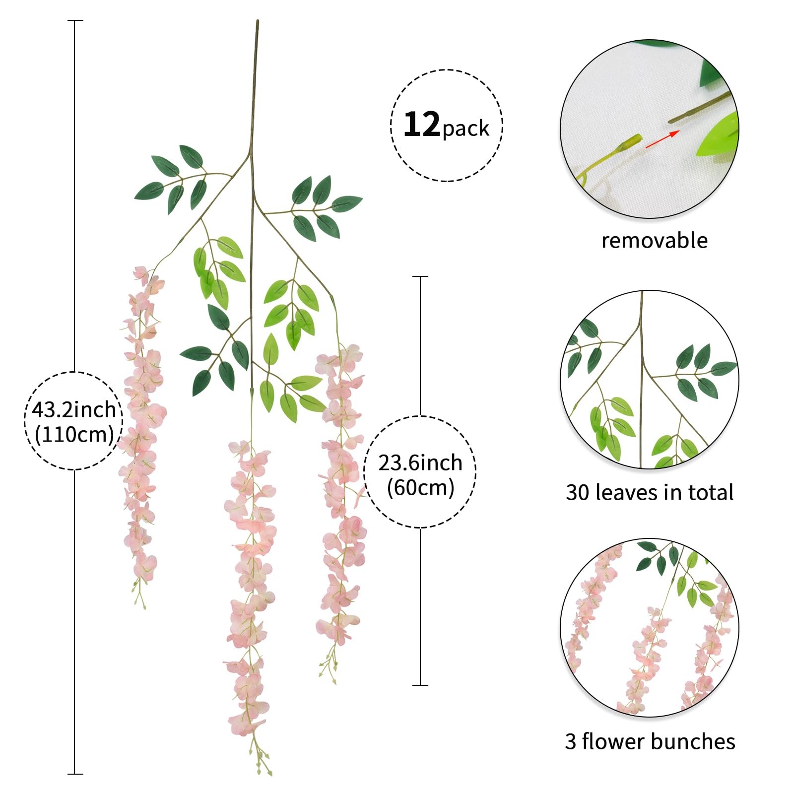 LUZOGA Light Pink Wisteria Garland 12Pcs