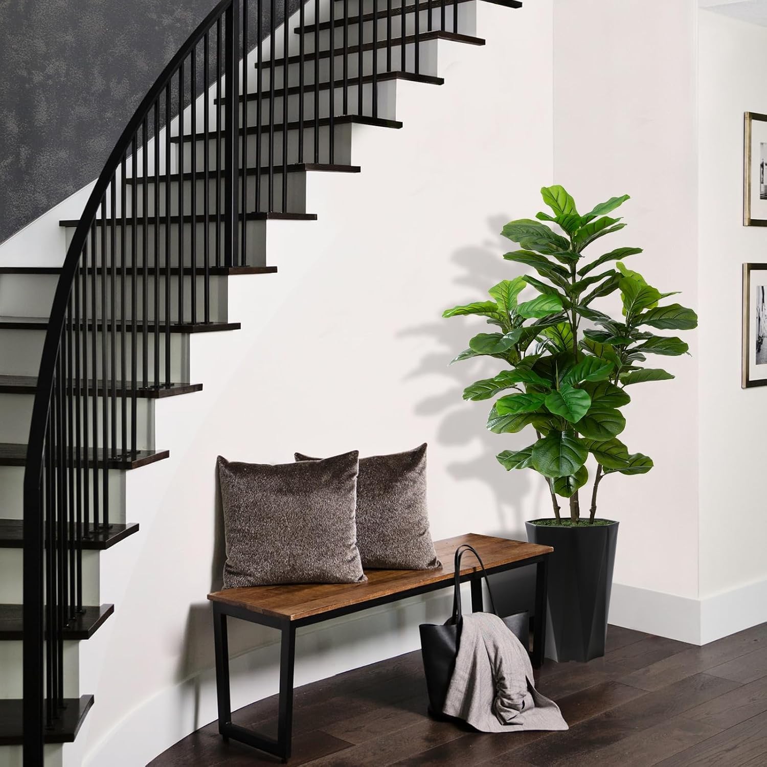Artificial Fiddle Leaf Fig Tree 5FT – Faux Fig Tree with Black Diamond Planter –