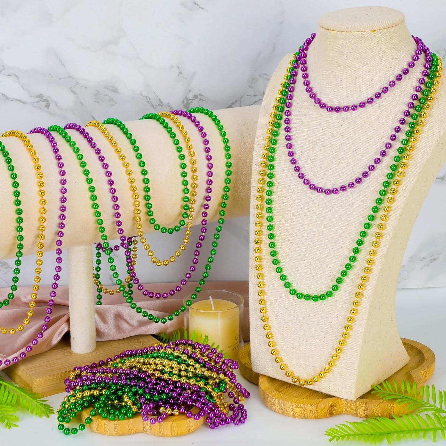24 PCS Mardi Gras Beads Necklaces, 33″ Green Purple Gold Metallic Costume Access