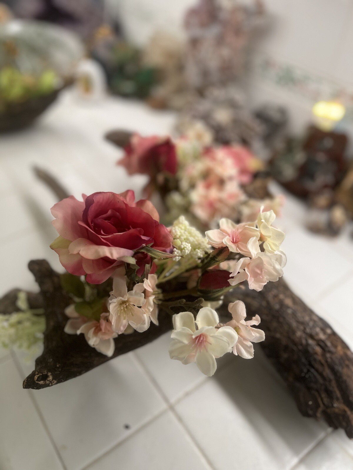 ORIGINAL FLORAL DESIGN WOOD BASE, ROSES, PEACH BLOSSOMS MOSSES BABY BREATH