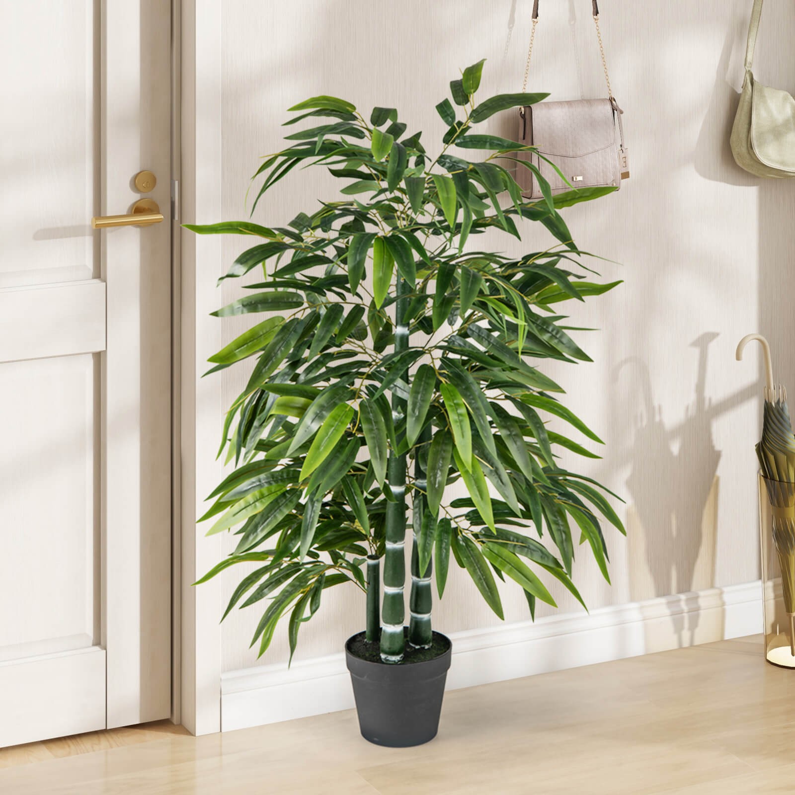 50″ Tall Artificial Potted Tree w/3 PE Bamboo Trunk Flush Leaves Realistic Soil