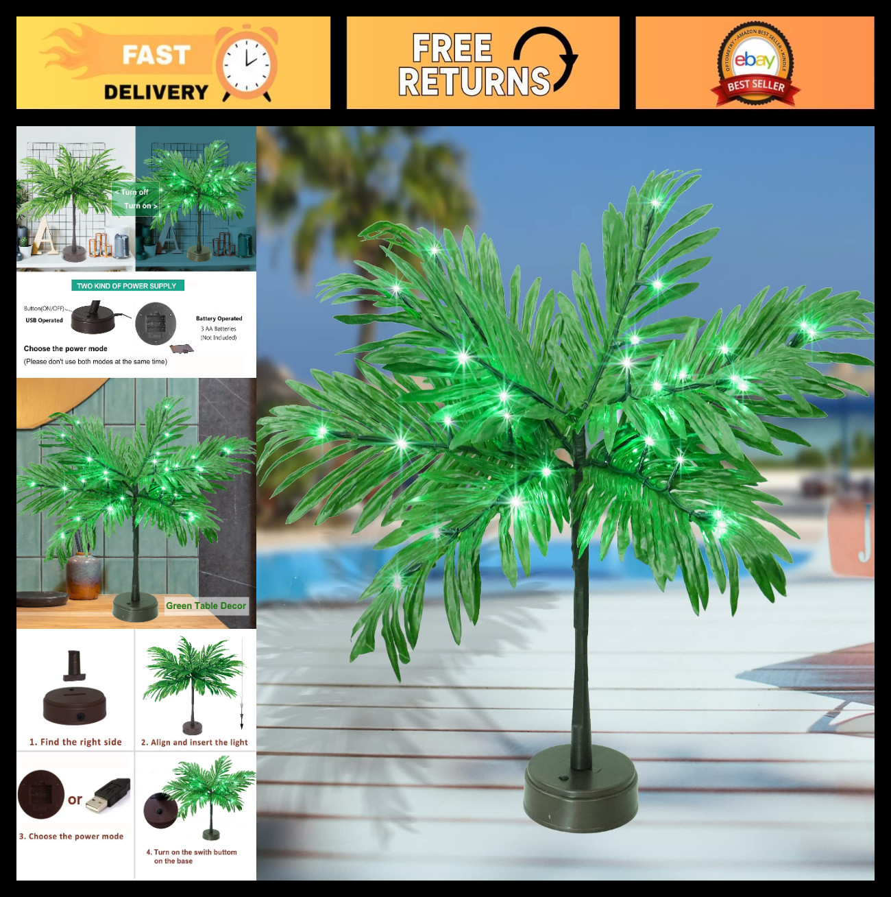 Lighted Palm Tree Table Decor 23″ – Tropical Luau Party Centerpiece, Summer Tiki