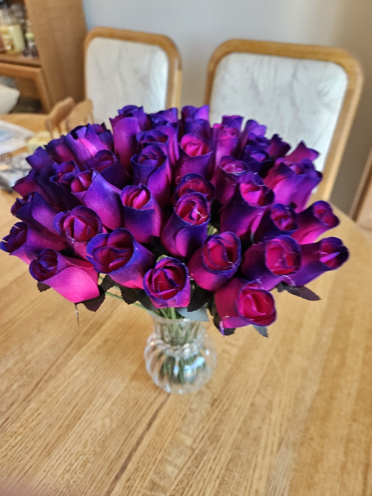 1 DOZEN – HOT PINK- PURPLE WOODEN ROSE BUDS 5 X 8 ARTIFICIAL FLOWERS