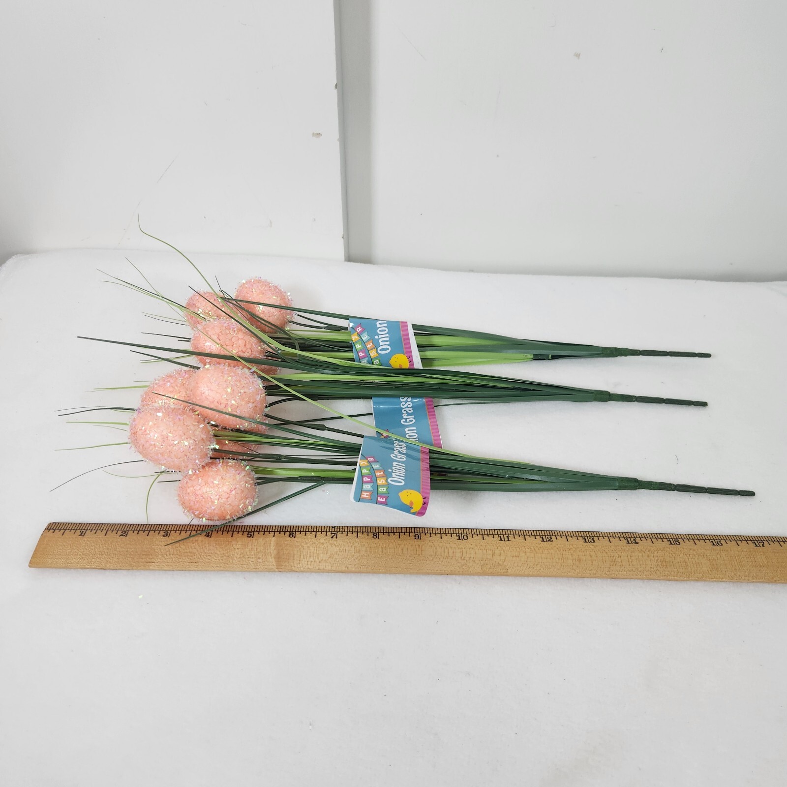 Set of 3 Faux Floral Pick~Onion Grass+Peach Glittery Easter Eggs SPRING DECOR
