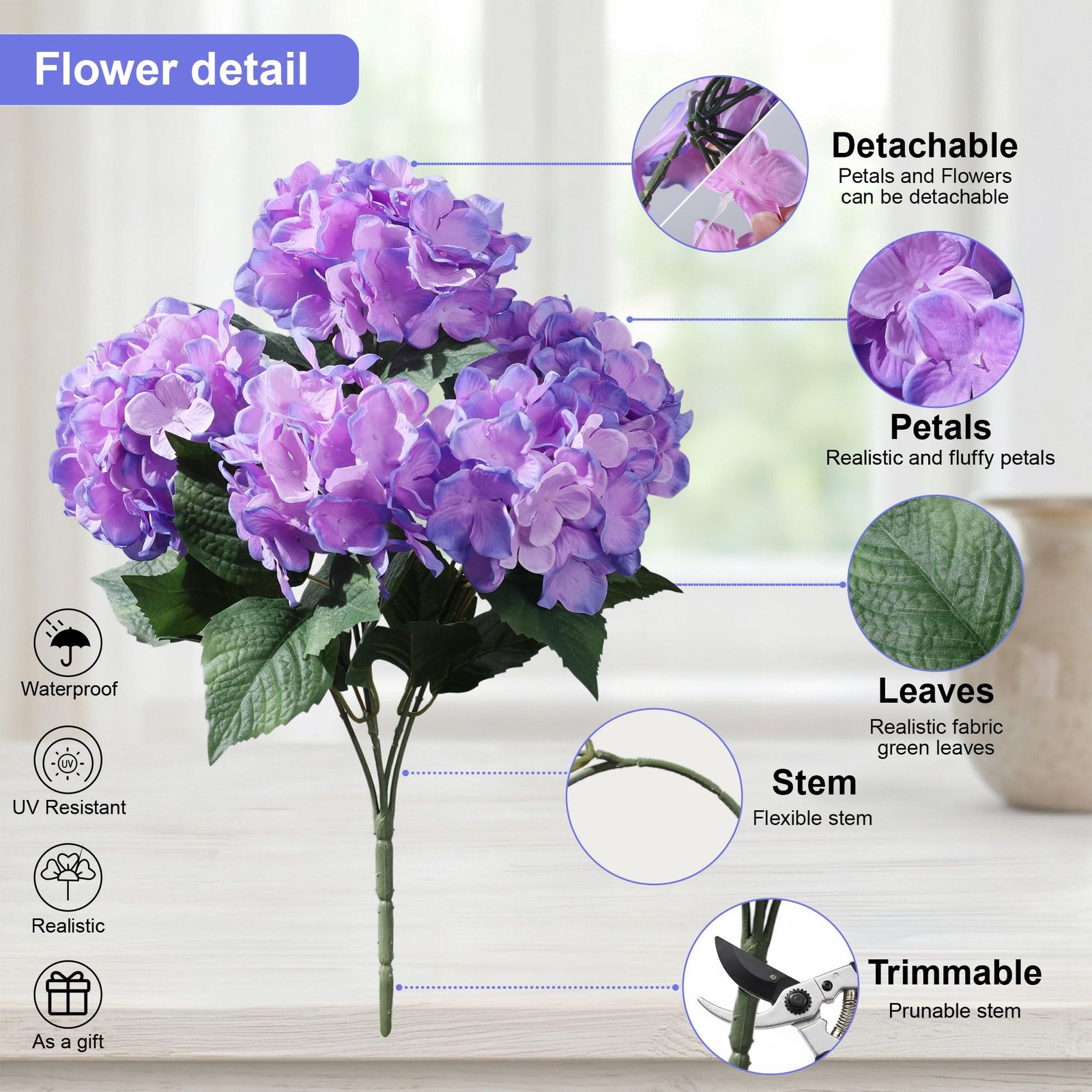 Artificial Flowers for Outdoors, 4 PCS Purple Fuchsia Fake Silk Hydrangea Flo…