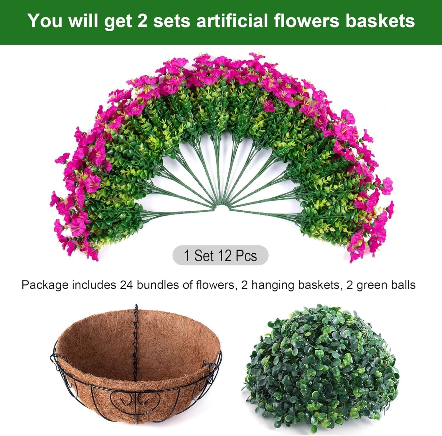 NEW 2 Set Artificial Hanging Flower Baskets UV Resistant Faux Plants w/ Planters