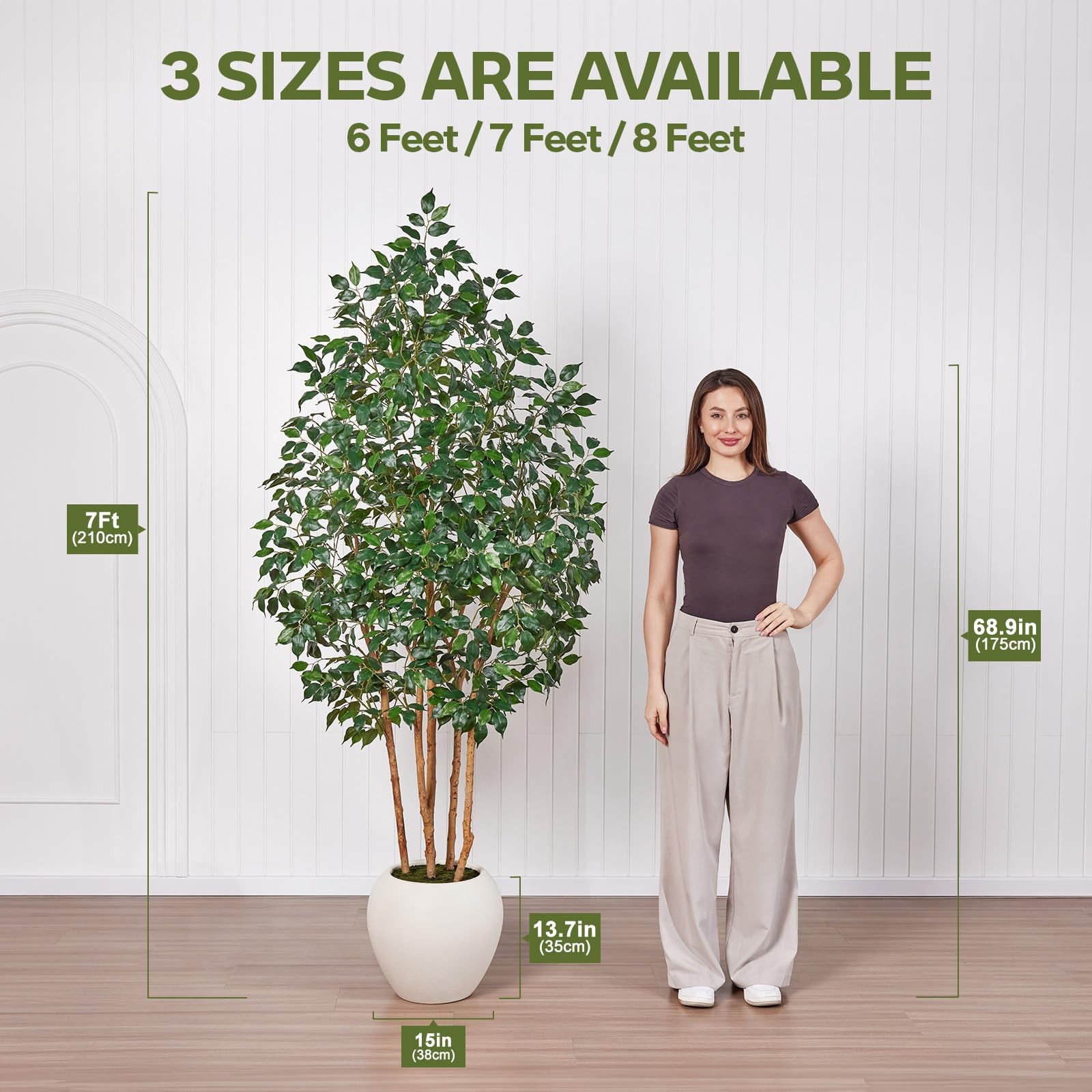 7FT Artificial Ficus Tree with White Planter – Realistic Faux Ficus Tree with…