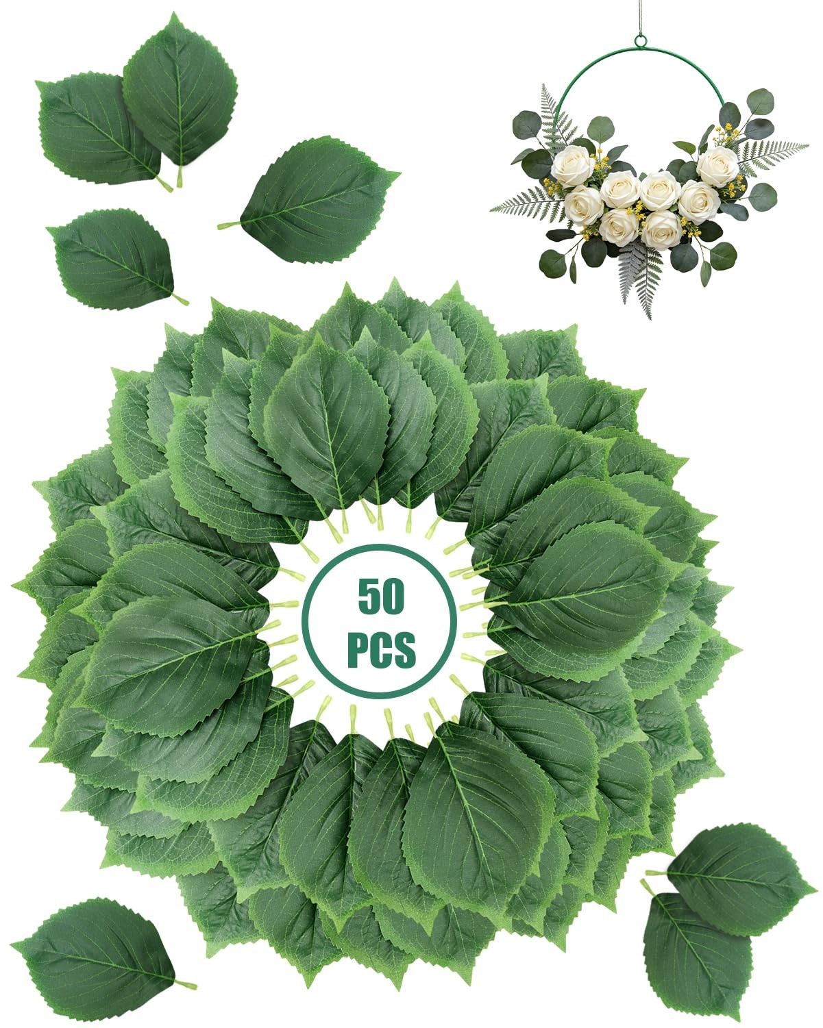 50 Pcs Artificial Large Green Leaves Large Silk Fabric Greenery Fake Leaves B…