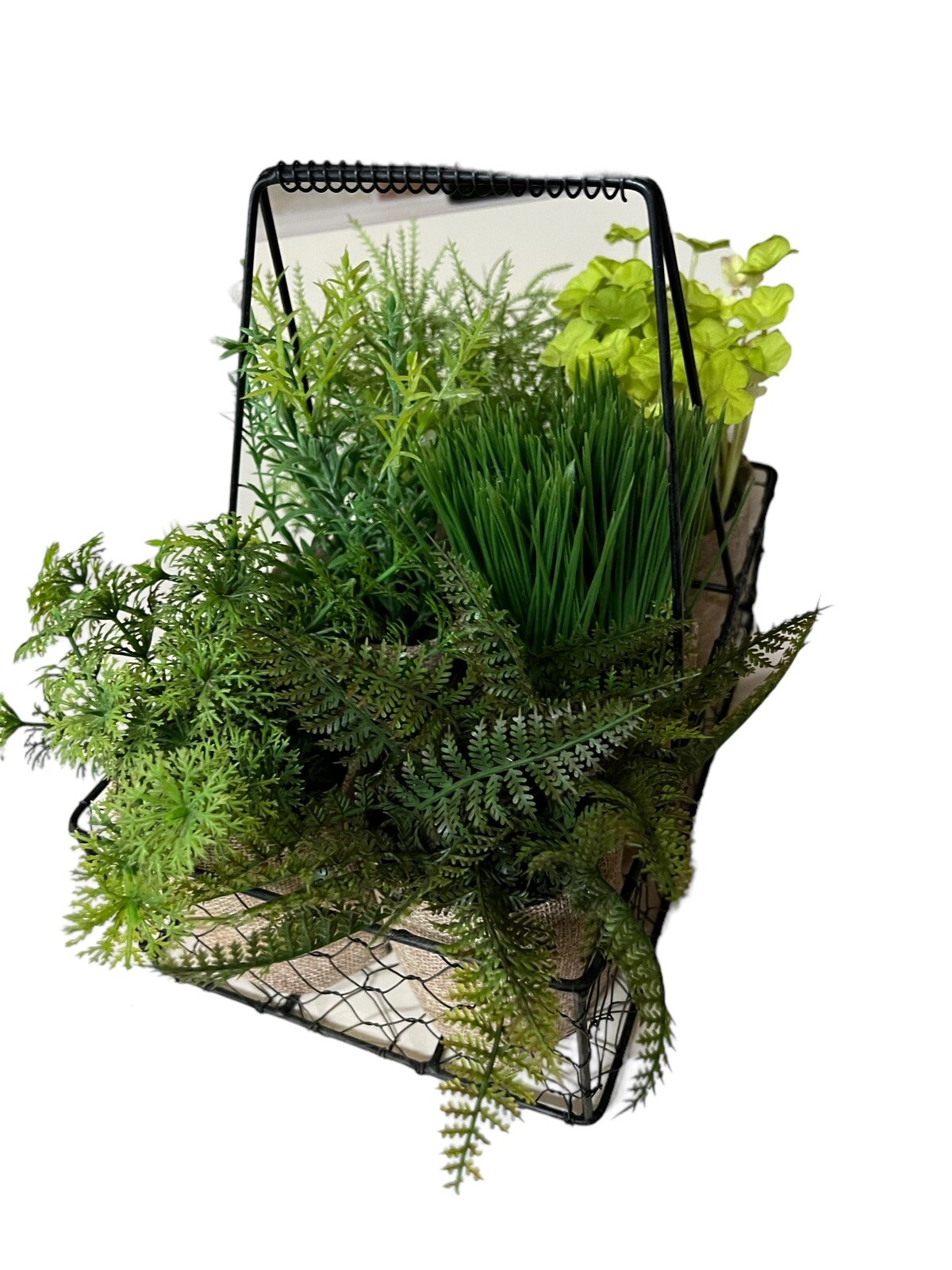 6 Artificial Plants In Burlap Containers Within A Metal Chicken Wire Carrier