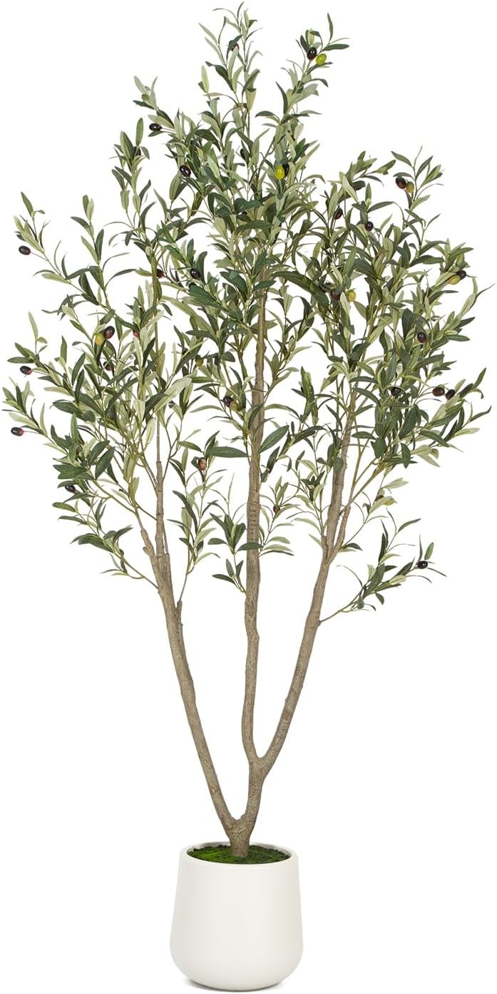 Olive Trees Artificial Indoor 7FT Tall Faux Olive Tree W/ White Tall Planter