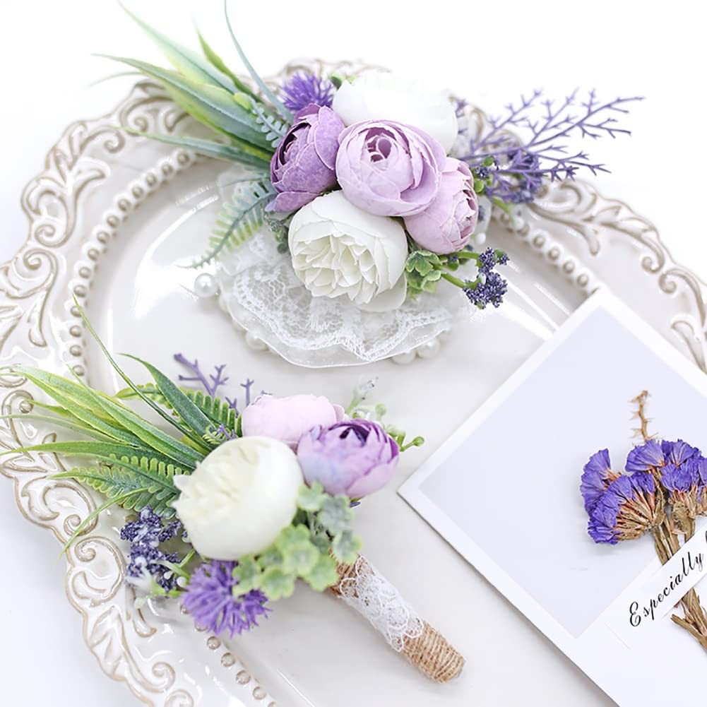 Purple Corsage and Boutonniere Set Artificial Rose Flower Wrist Corsage and B…