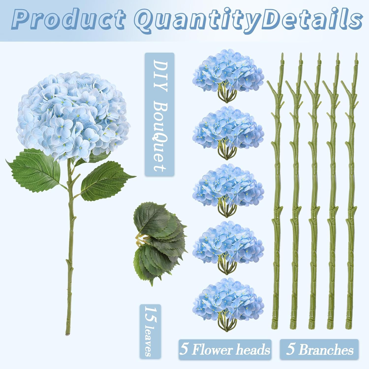21″ Real Touch Light Blue Hydrangea Flowers – 5Pcs Faux Floral Decor