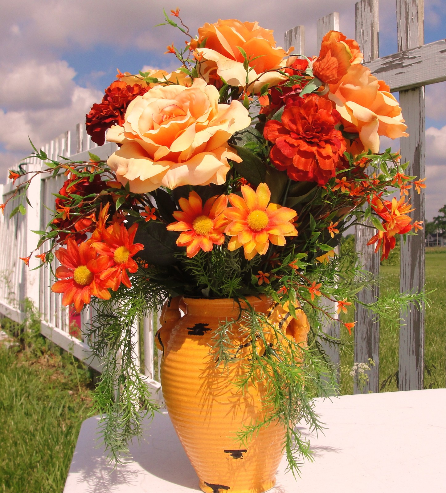 Tuscan Orange Vase Varies Roses Silk Floral Designs Home Decor Rustic Italy