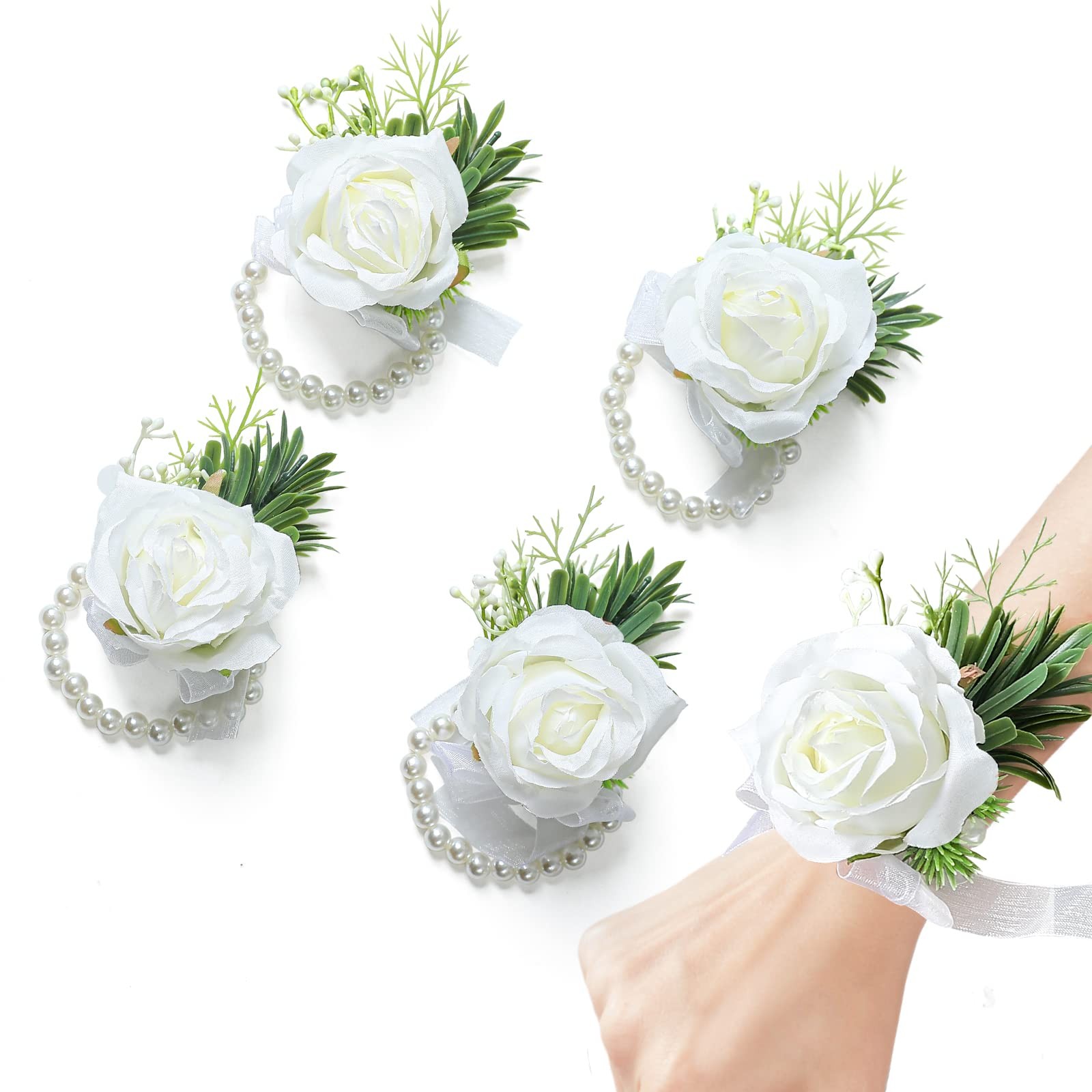 White Artificial Rose Wrist Corsage Flowers for Wedding, Prom Party, 4 PCS Set