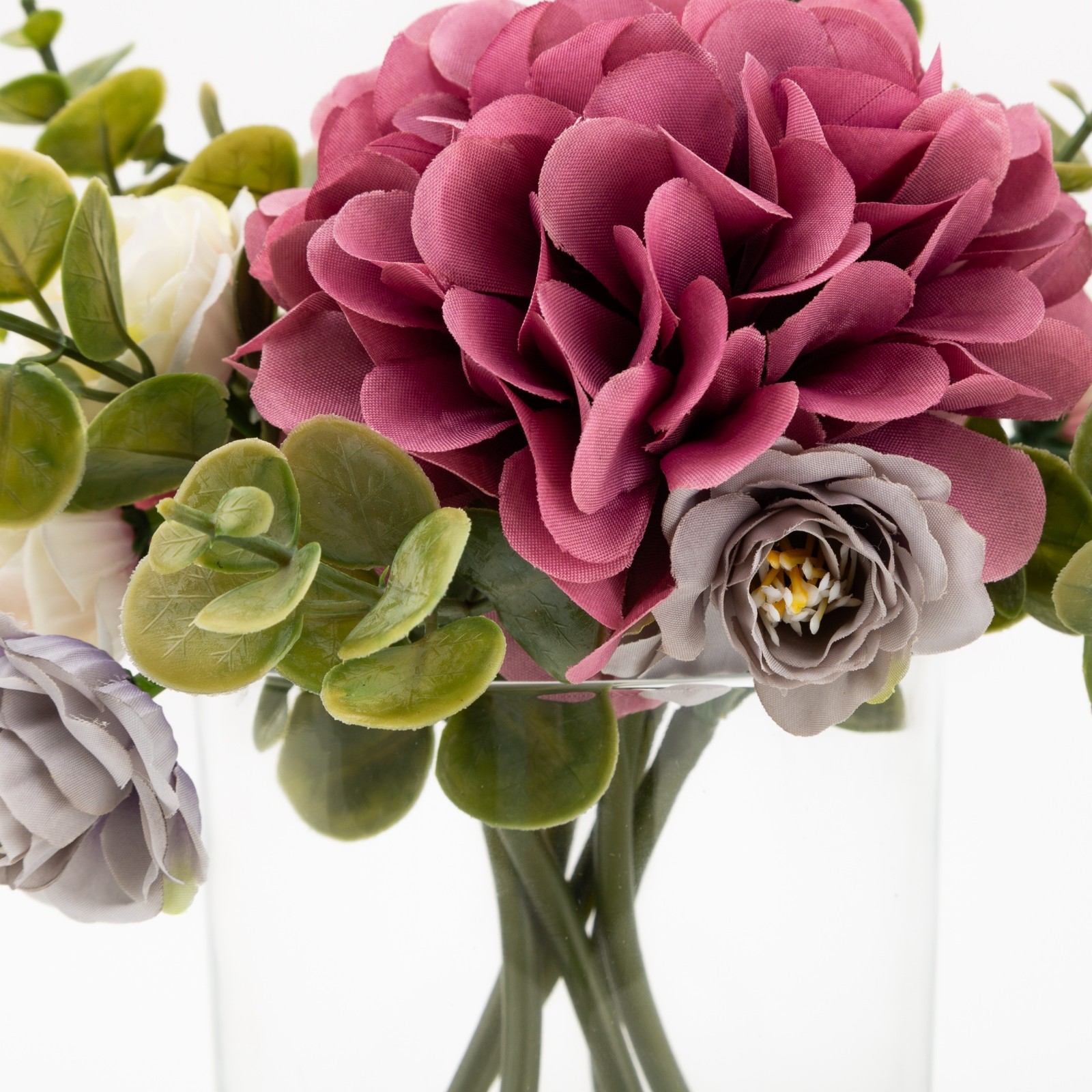 (4 pack) Mixed Faux Hydrangea Arrangement in Clear Glass Vase